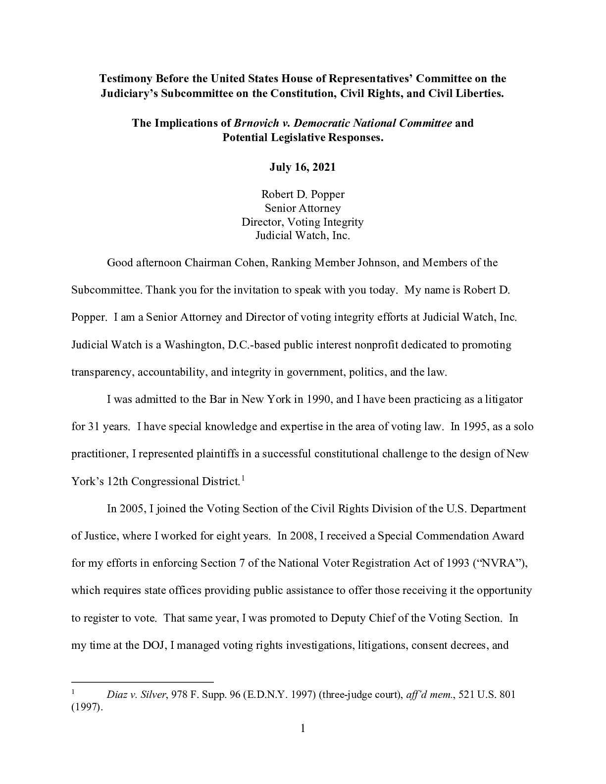 Popper VRA House Testimony July 2021
