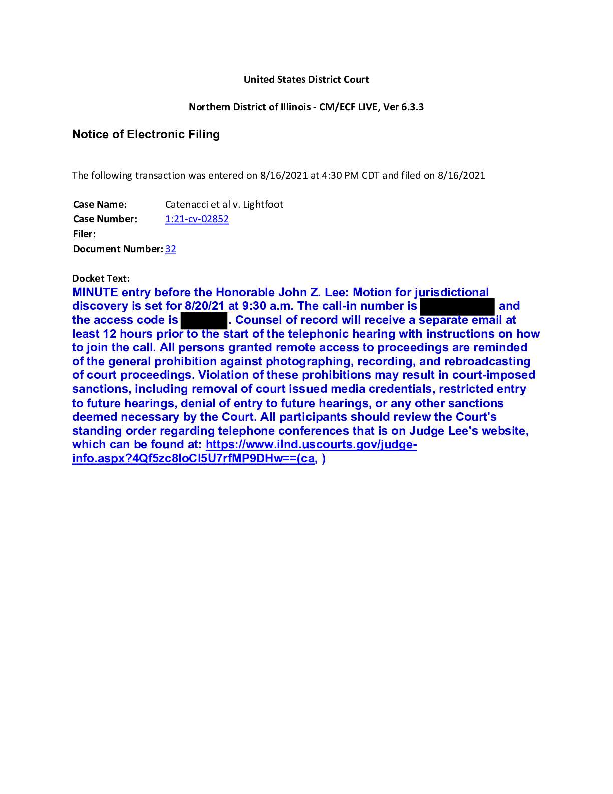 Catenacci v Lightfoot hearing order 02852