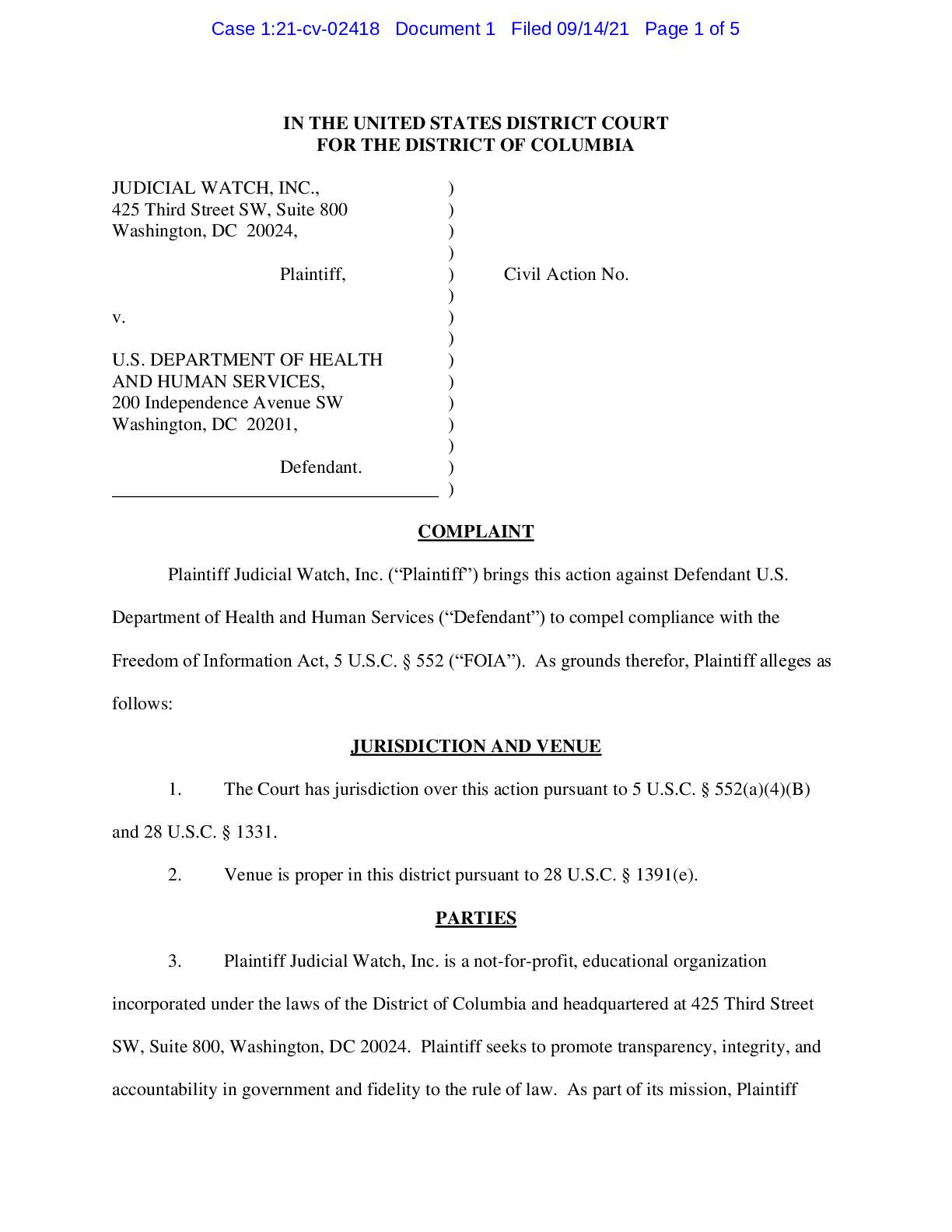 JW v HHS Biodistribution studies complaint 02418