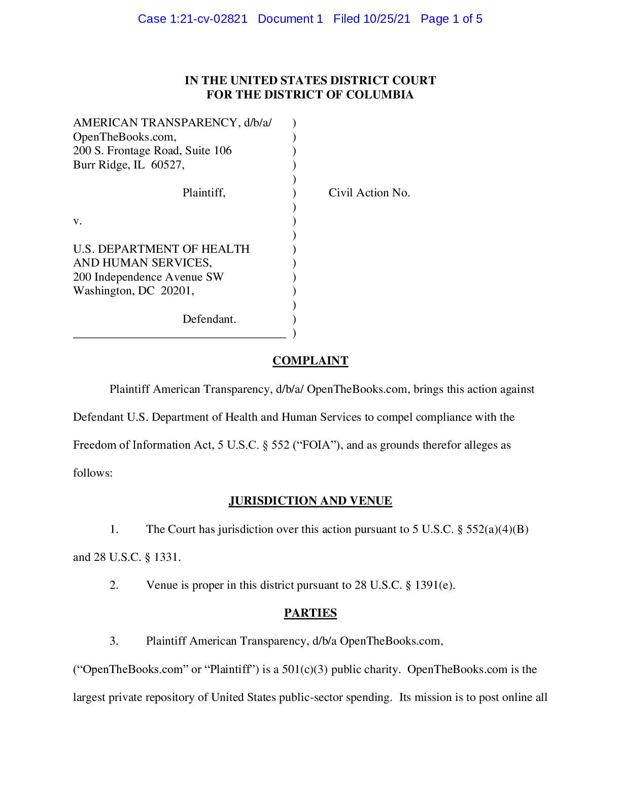 OpenTheBooks.com v HHS Fauci complaint 02821
