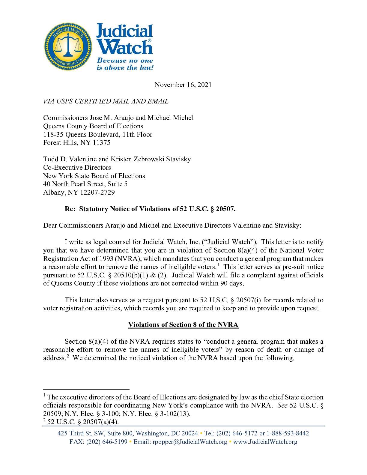 Queens Co NY November 2021 NVRA letter