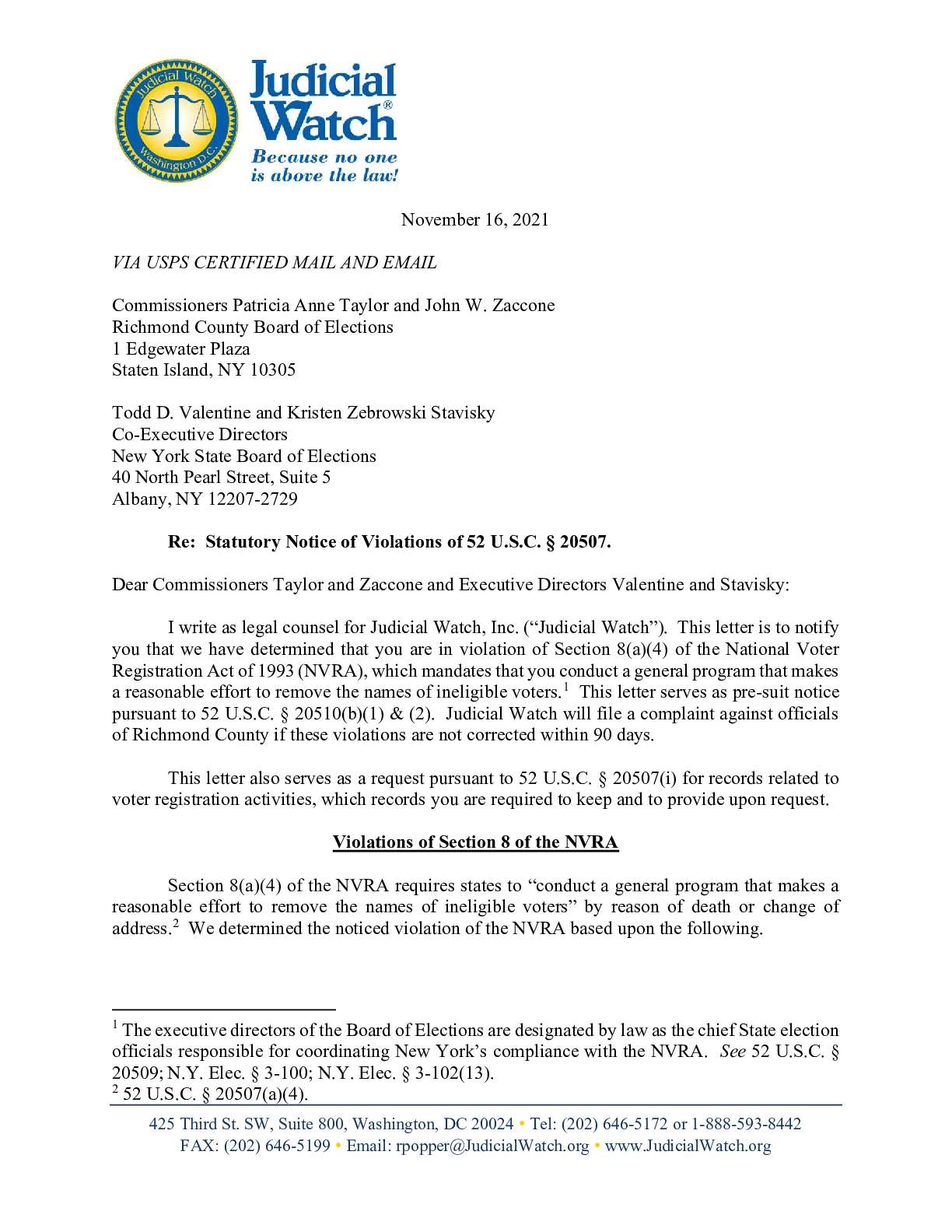 Richmond Co NY November 2021 NVRA letter