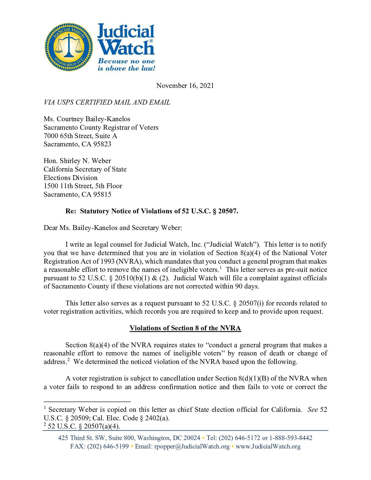 Sacramento Co CA November 2021 NVRA letter
