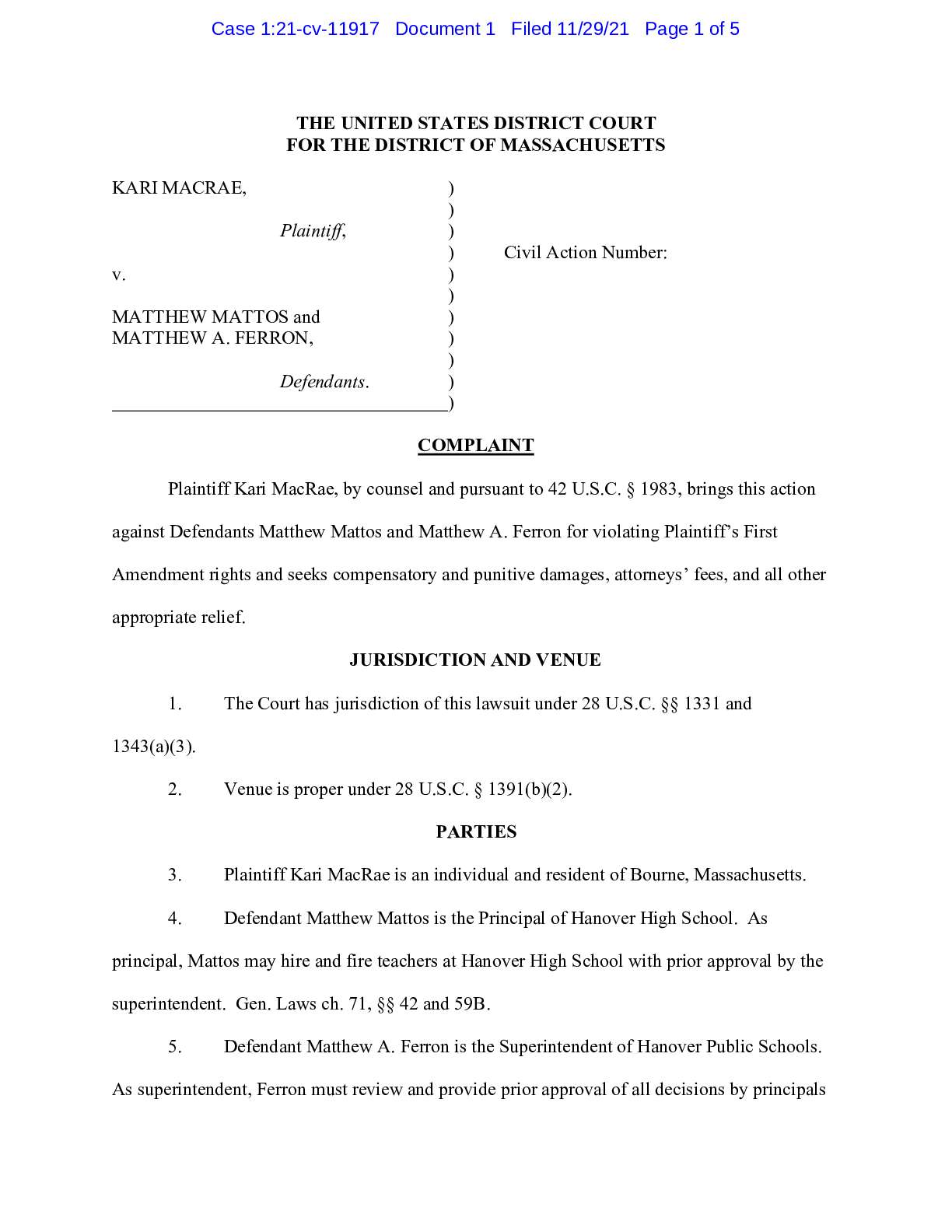 MacRae v Mattos complaint 11917
