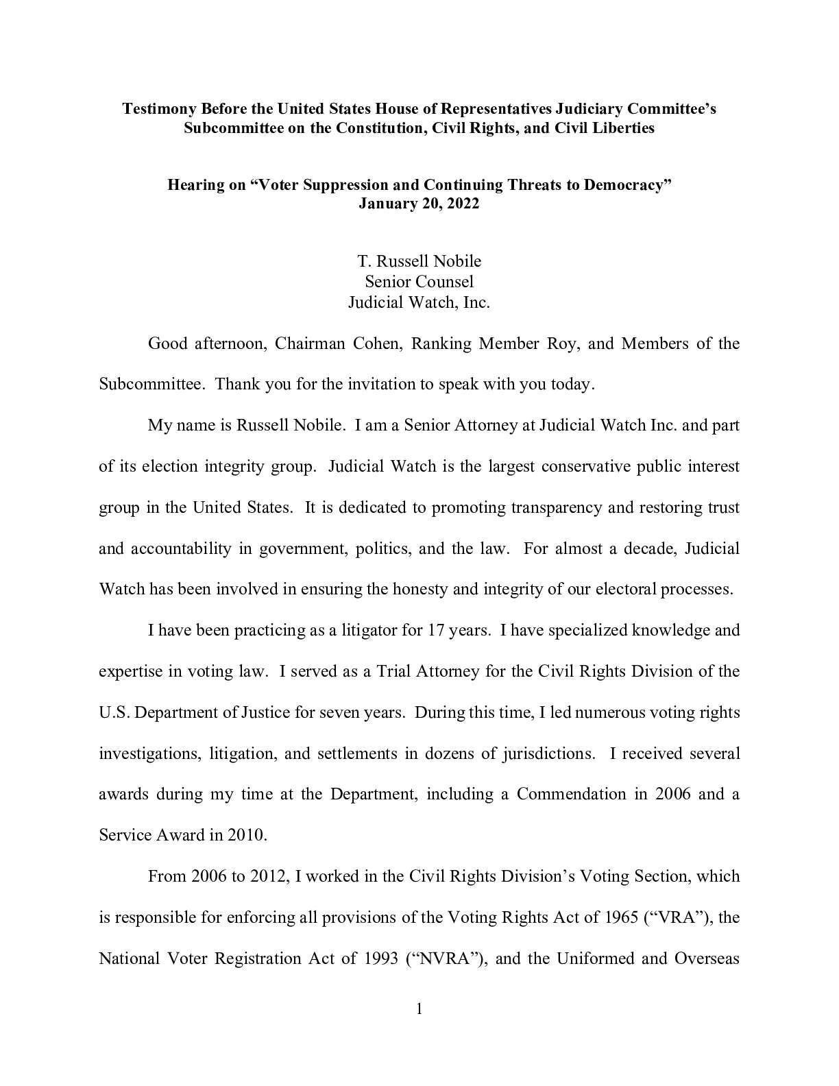 Nobile House Testimony January 2022
