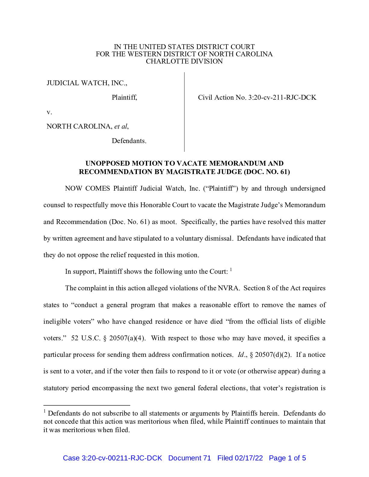 JW v NC et al. NVRA Settlement 211