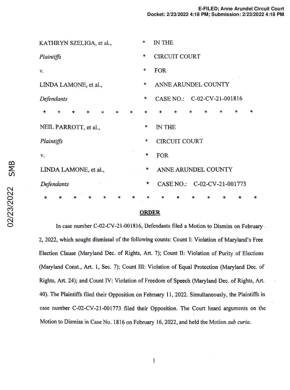Szeliga v. Lamone Maryland Dissmissal 8683397 001773