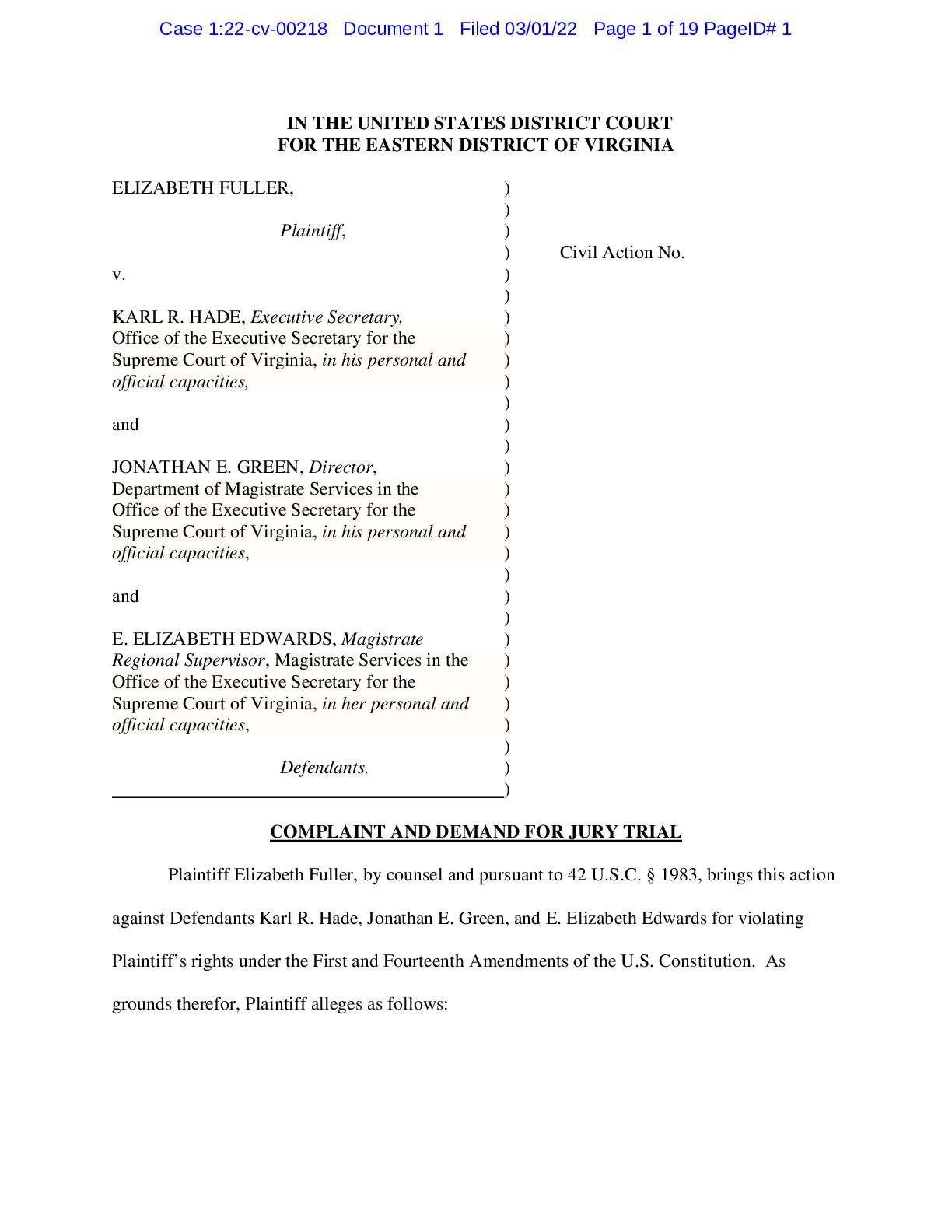Fuller v Hade et al. complaint 00218
