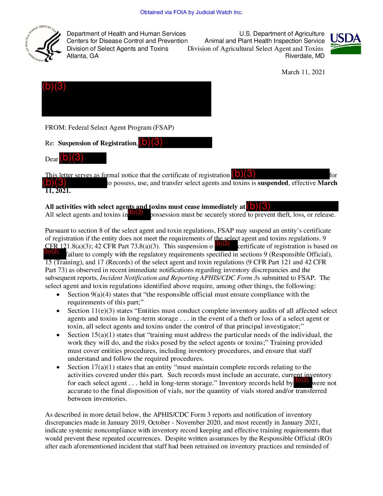 USDA Select Agent Program FOIA April 2022