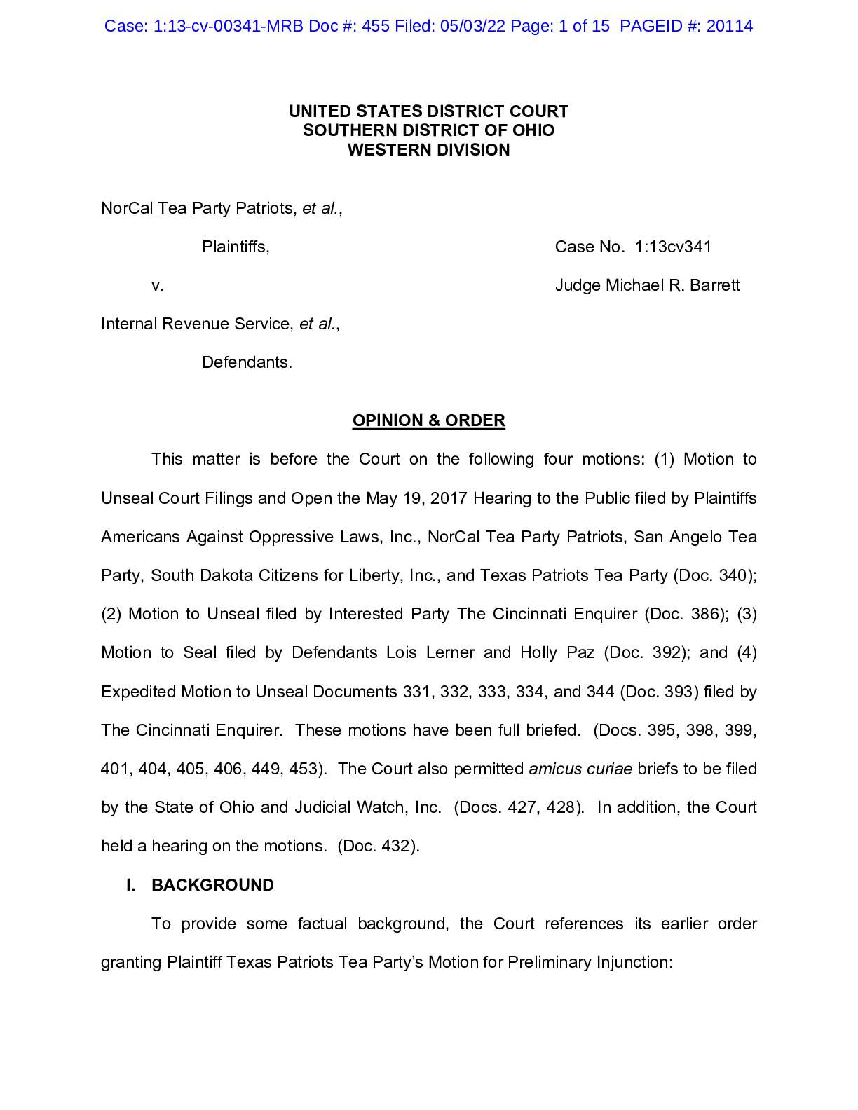 NorCal Tea Party v IRS Order Opinion May 2022 00341
