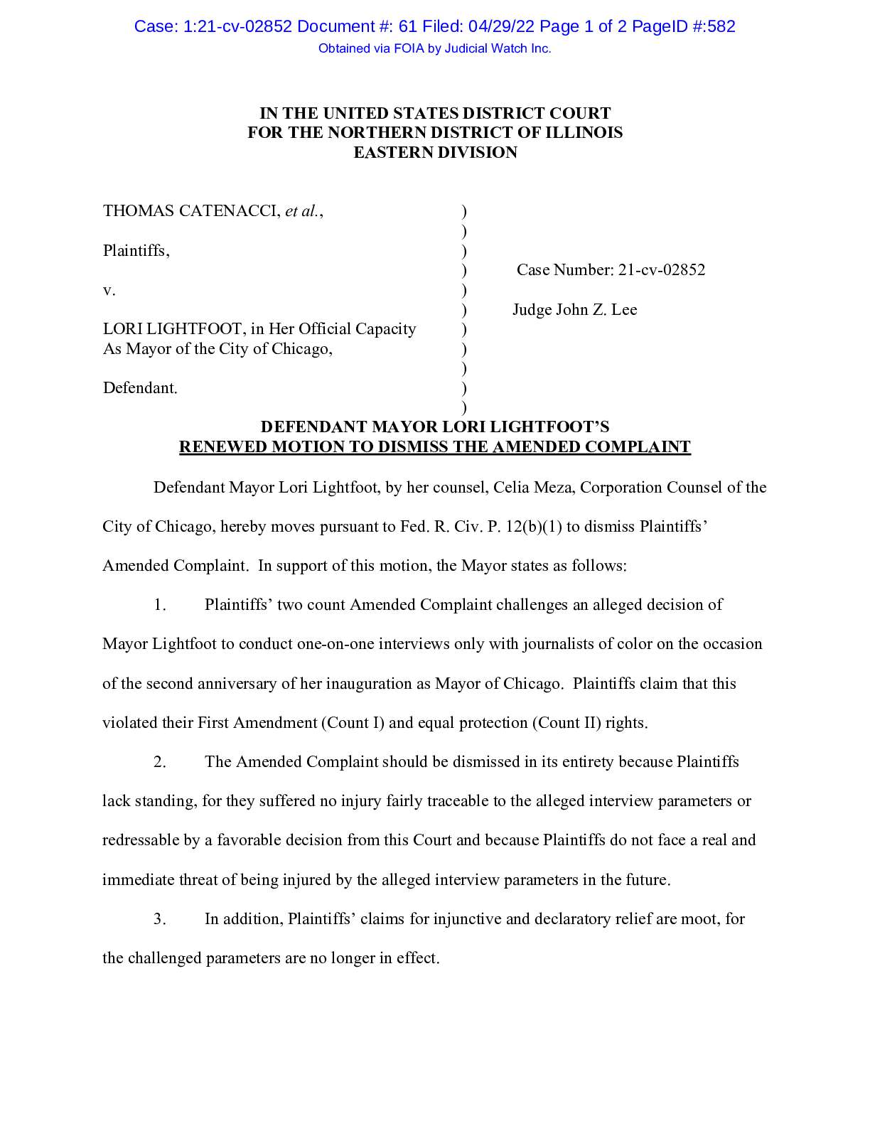 Catenacci v Lightfoot Motion to Dismiss 02852