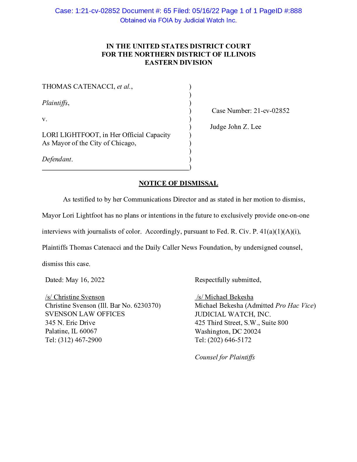 Catenacci v Lightfoot Notice of Dismissal