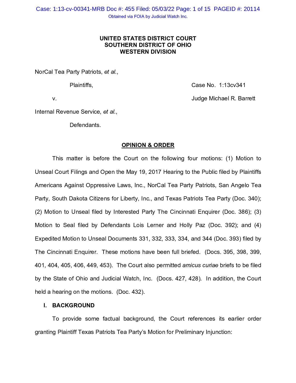 NorCal Tea Party Patriots v. IRS Opinion and Order...