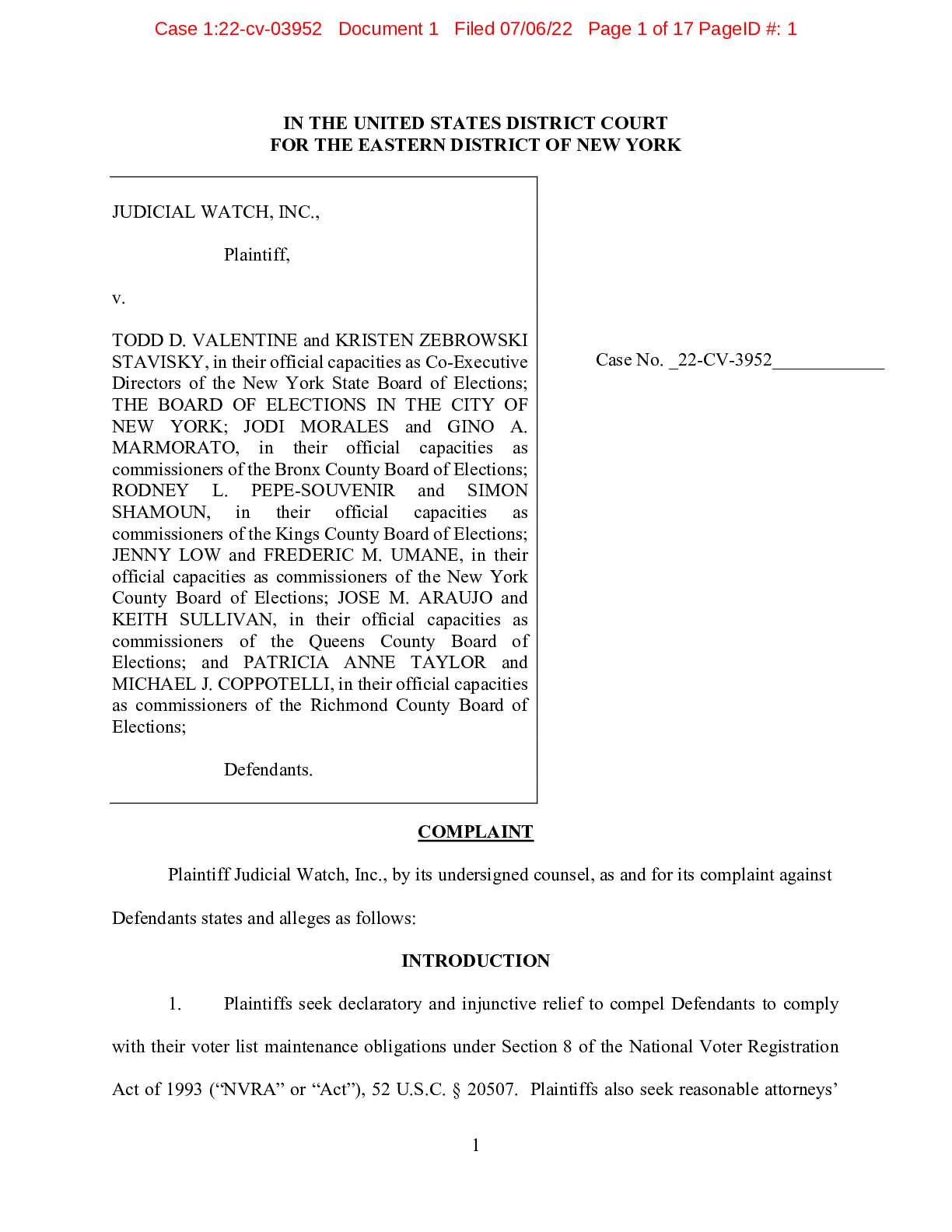 JW v Valentine NY NVRA complaint 03952