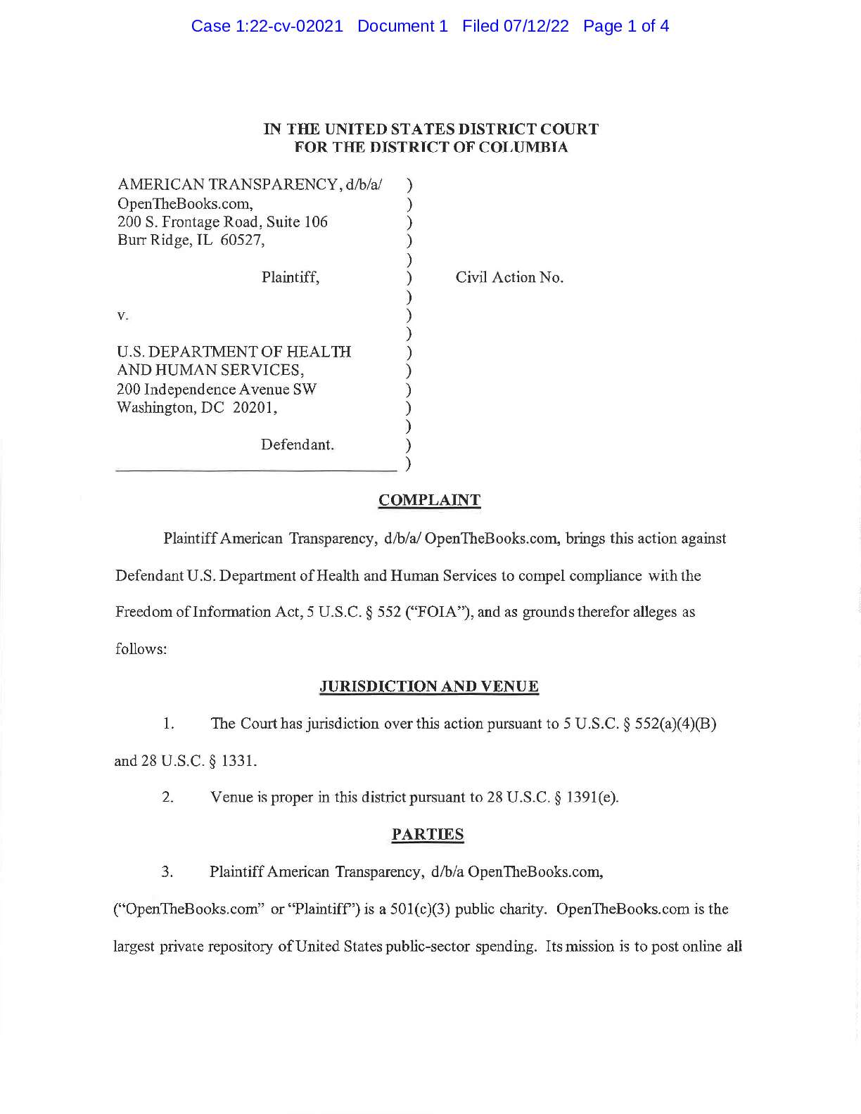 OpenTheBooks.com v HHS Grady complaint 02021