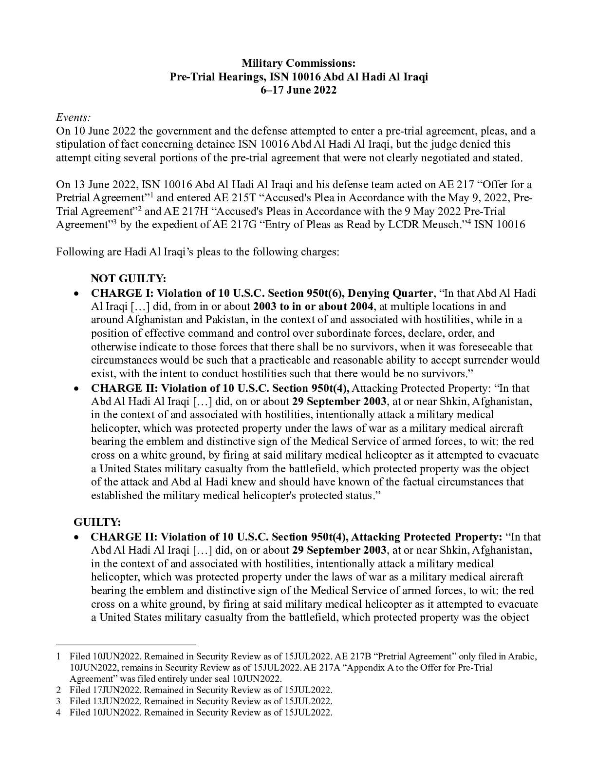 July 6-17, 2022 – PLEA AGREEMENT