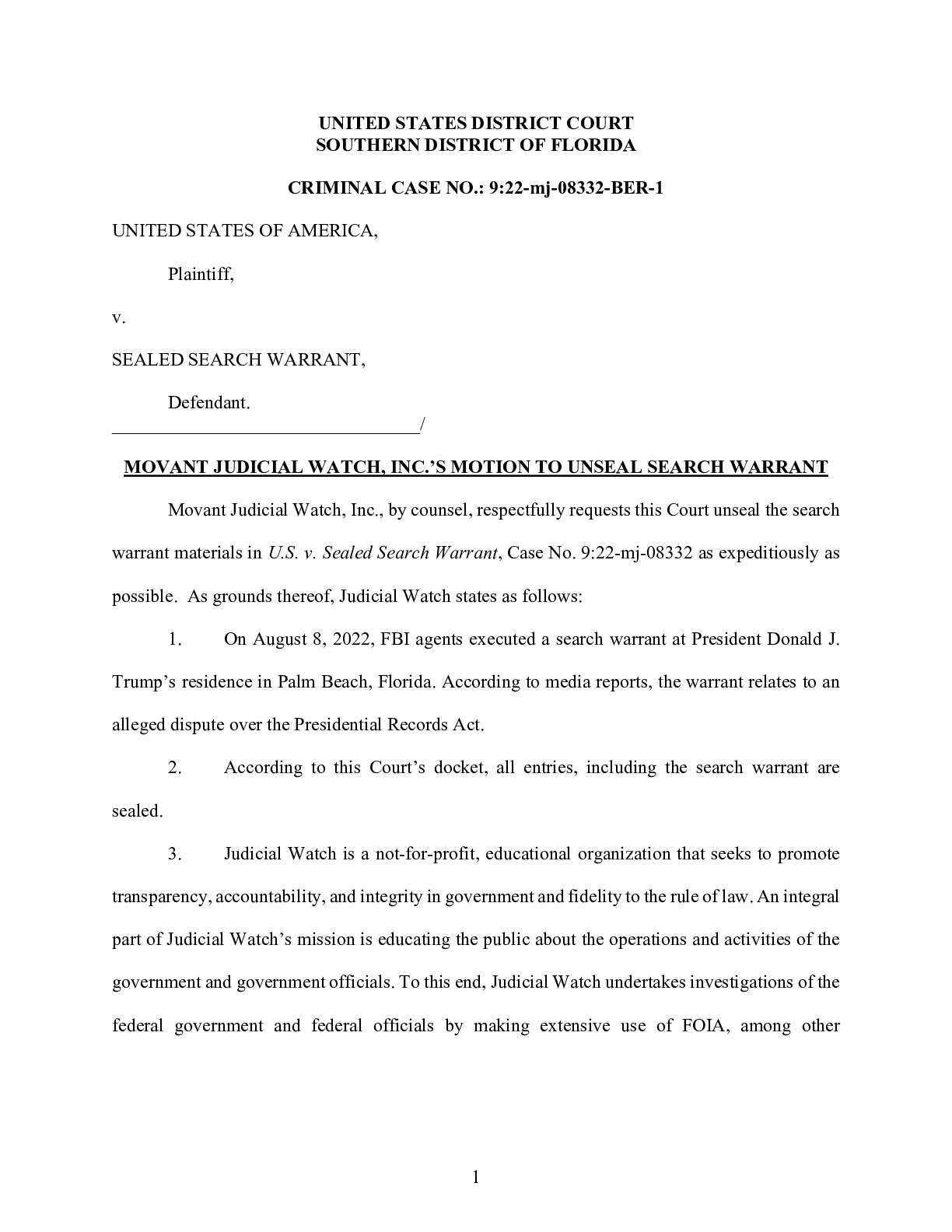 USA v. Sealed Search Warrant JW Motion to Unseal W...