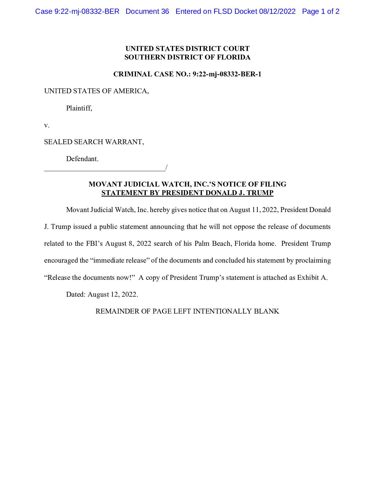USA v. Sealed Search Warrant Notice of Filing DJT Statement 08332
