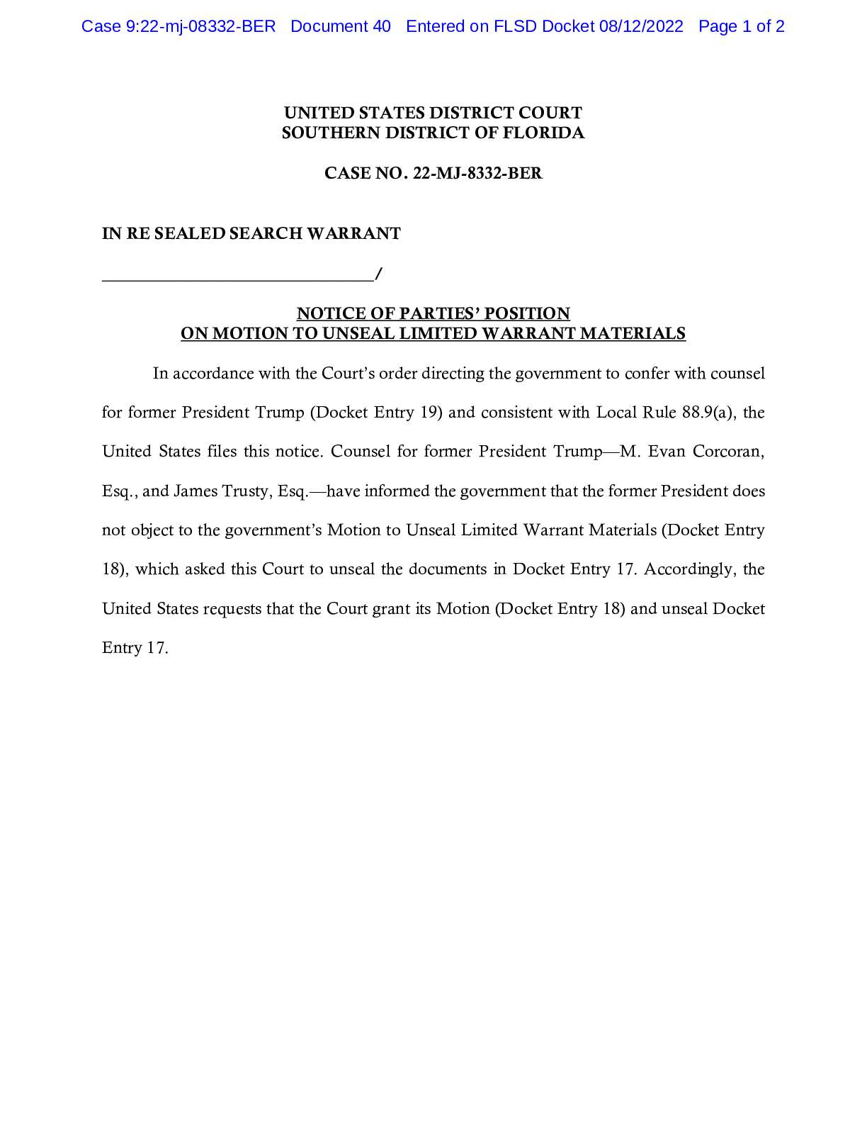 USA v. Sealed Search Warrant DOJ Notice to Unseal ...