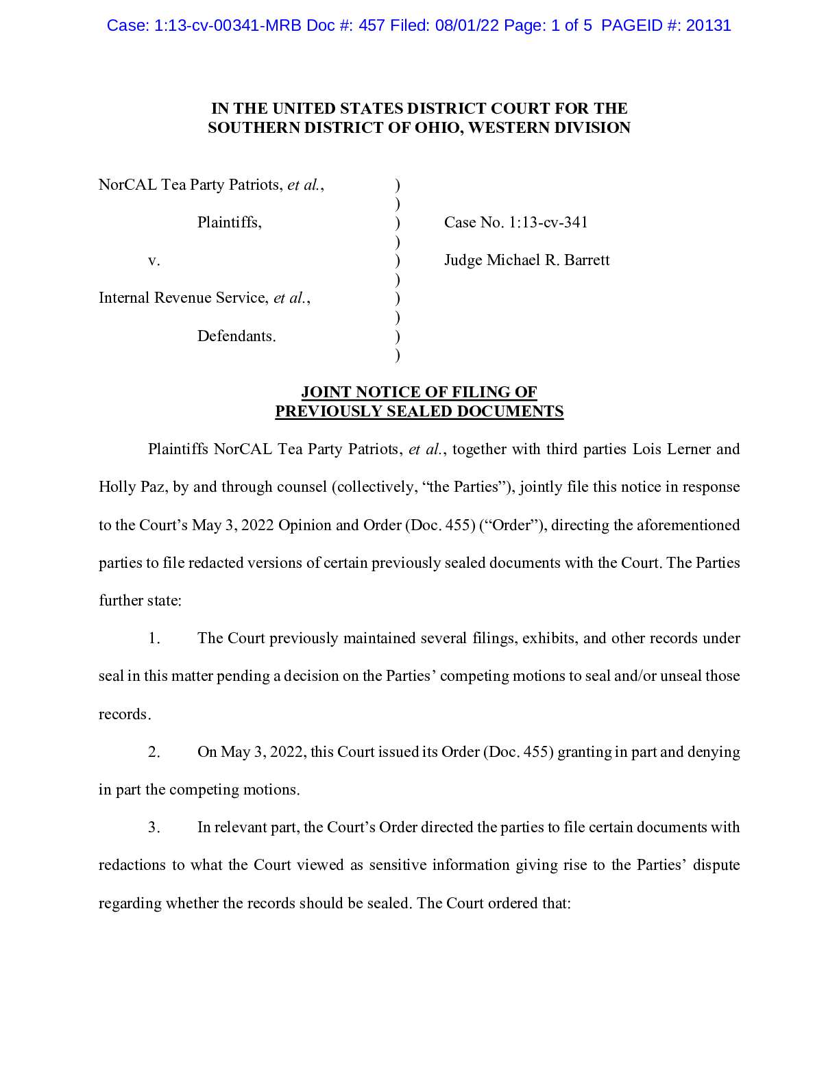 NorCal Tea Party v IRS Previously Sealed Docs 0034...