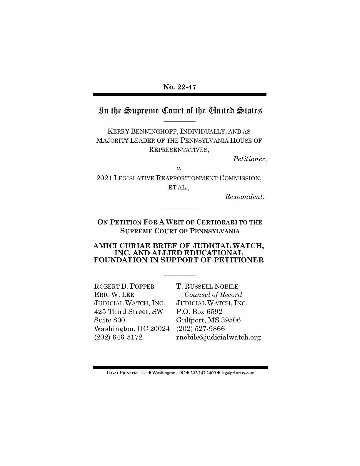 Beninghoff v 2021 Legislative Reapportionment Comm. 22-47 Amicus Brief