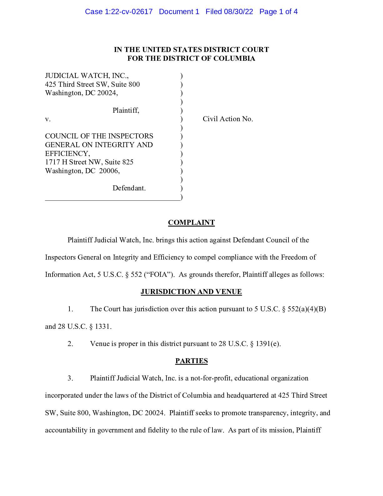 JW. v. Council of IG on Integrity and Efficiency Complaint 02617