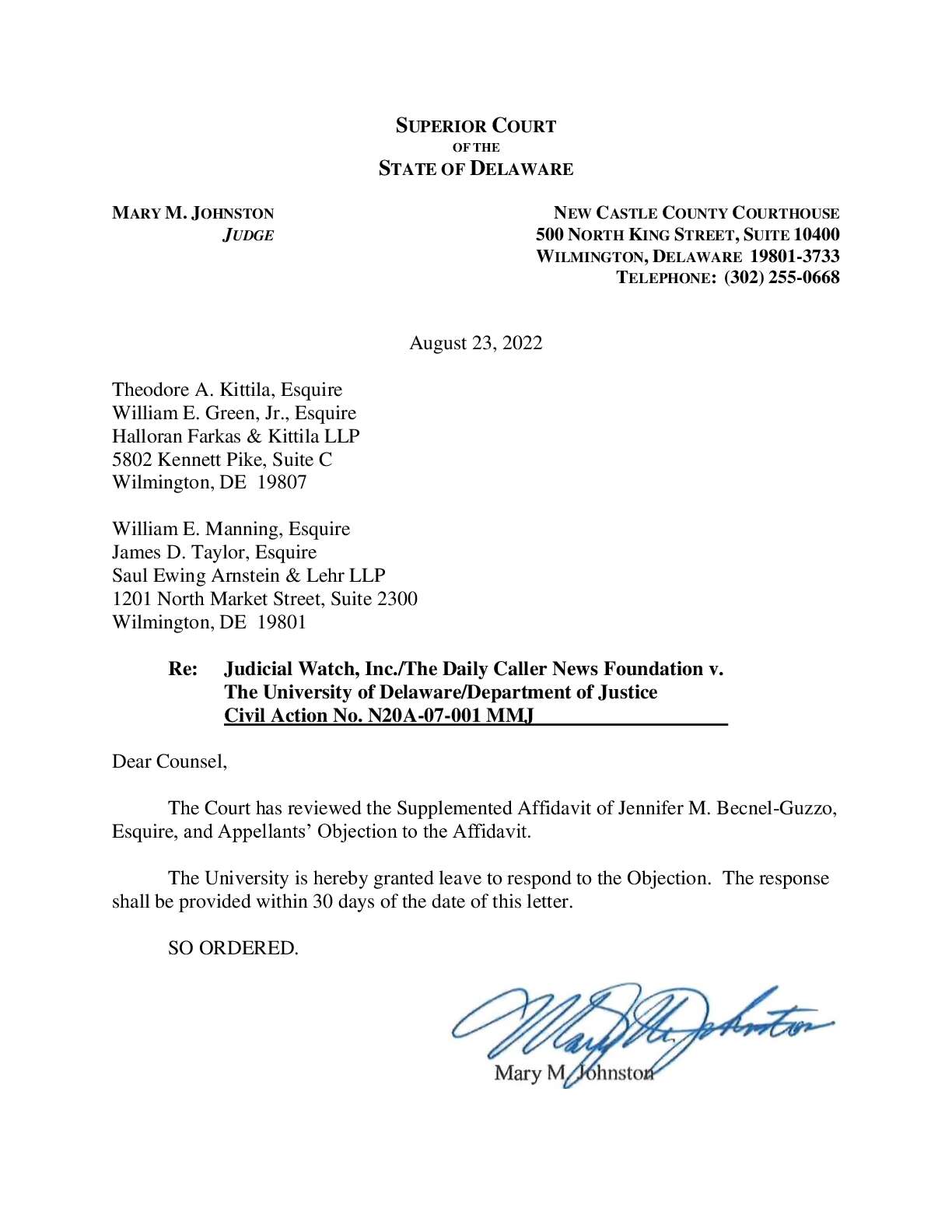 JW v U Del Biden Docs Order 001