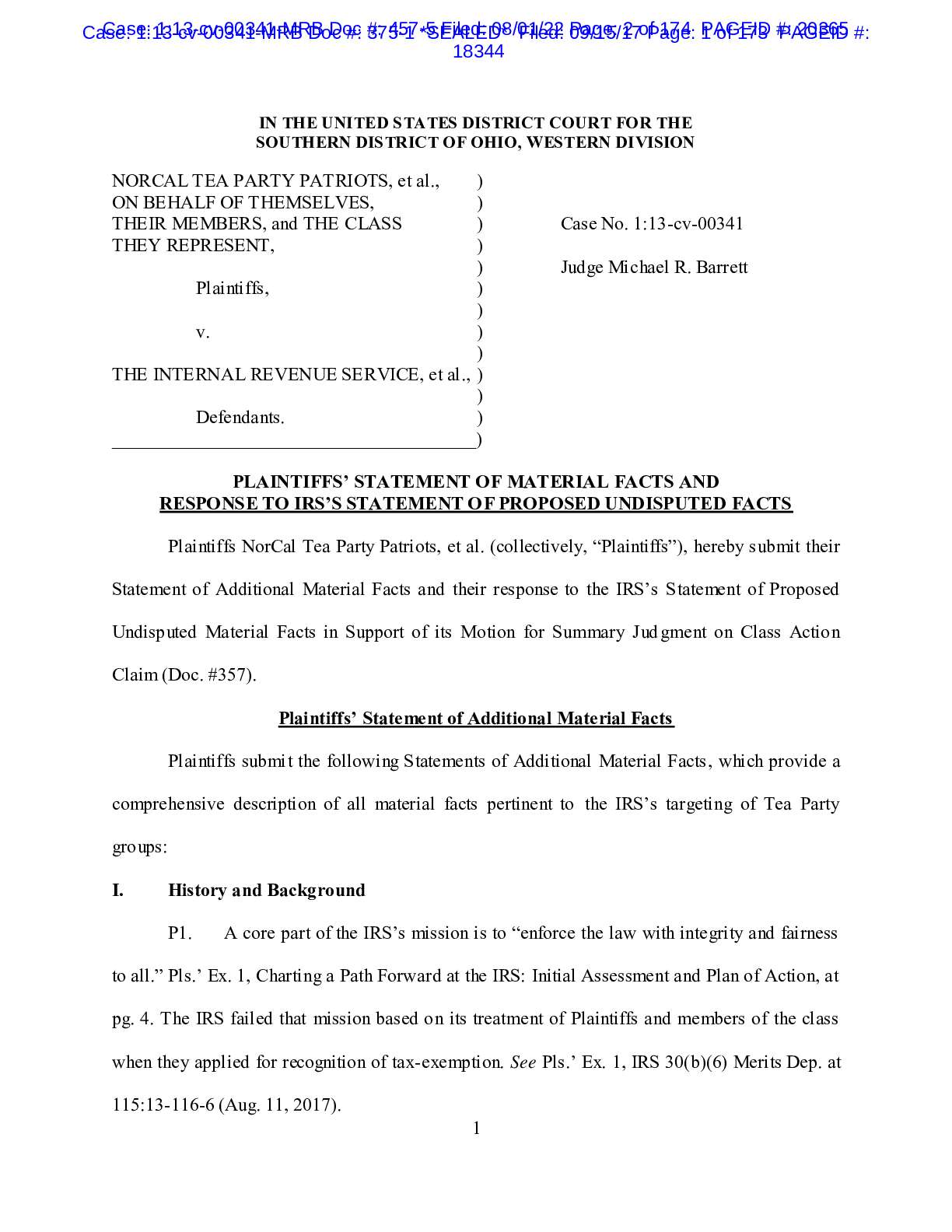 NorCal Tea Party v IRS Previously Sealed Docs 00341 pgs 235-407
