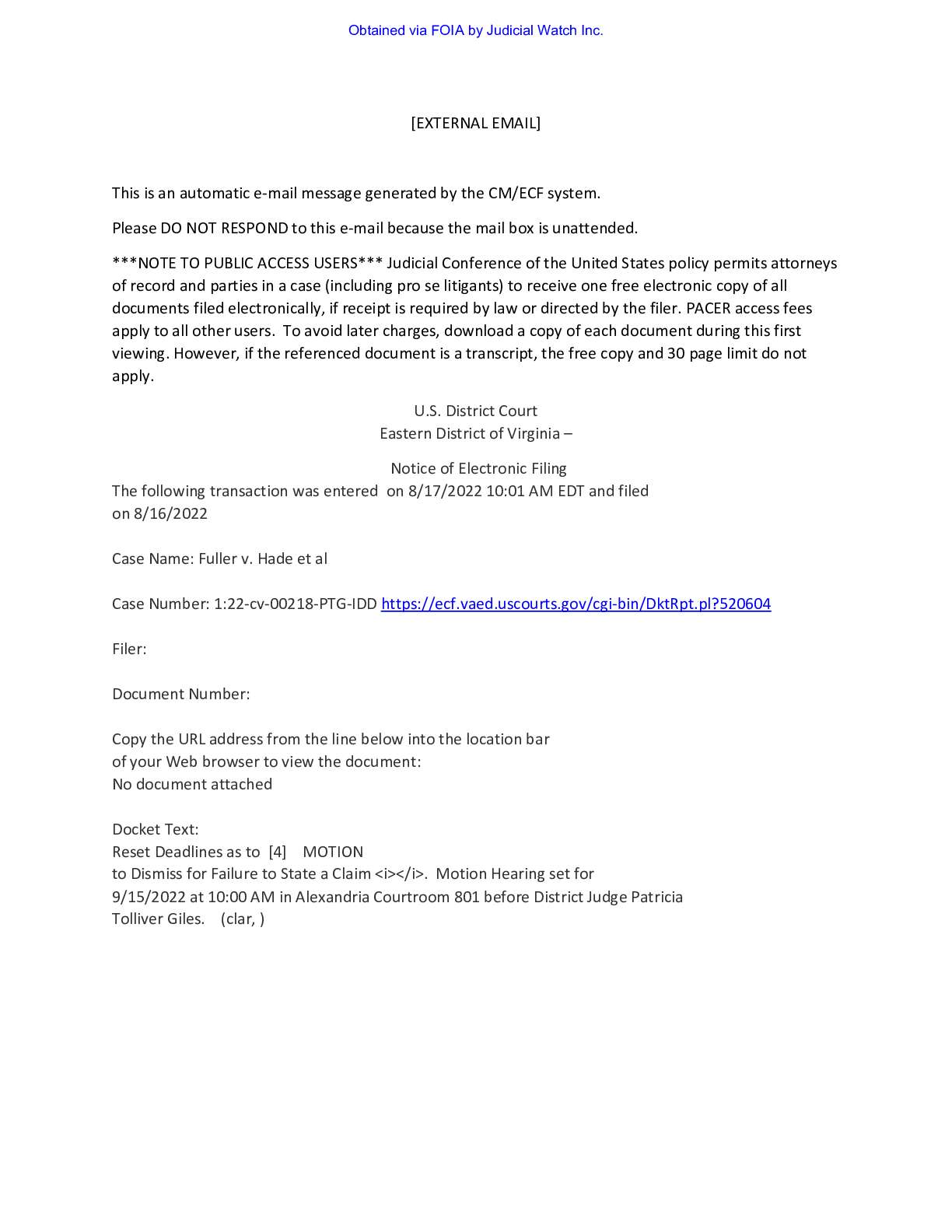 Elizabeth Fuller v. Karl R. Hade order 00218