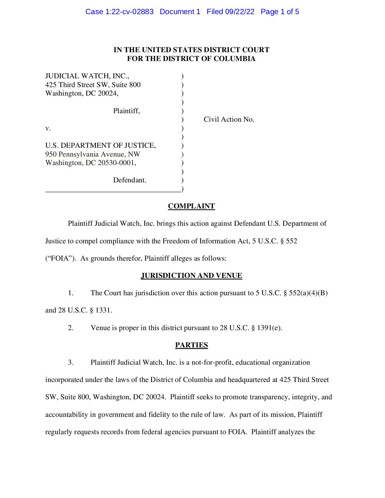 JW v DOJ Trump Warrant Discussions Complaint 02883