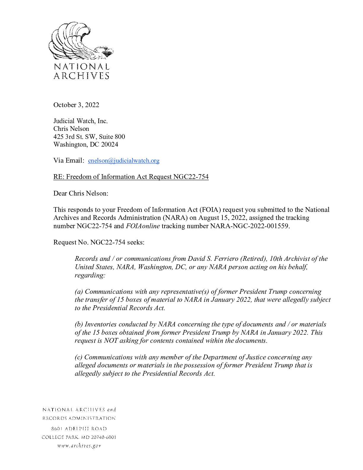 NARA Presidential Records FOIA October 2022