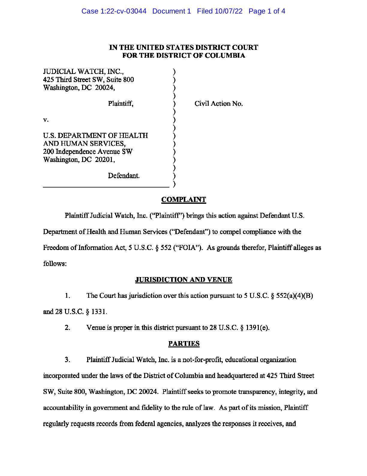 JW v HHS Unaccompanied Children complaint 03044