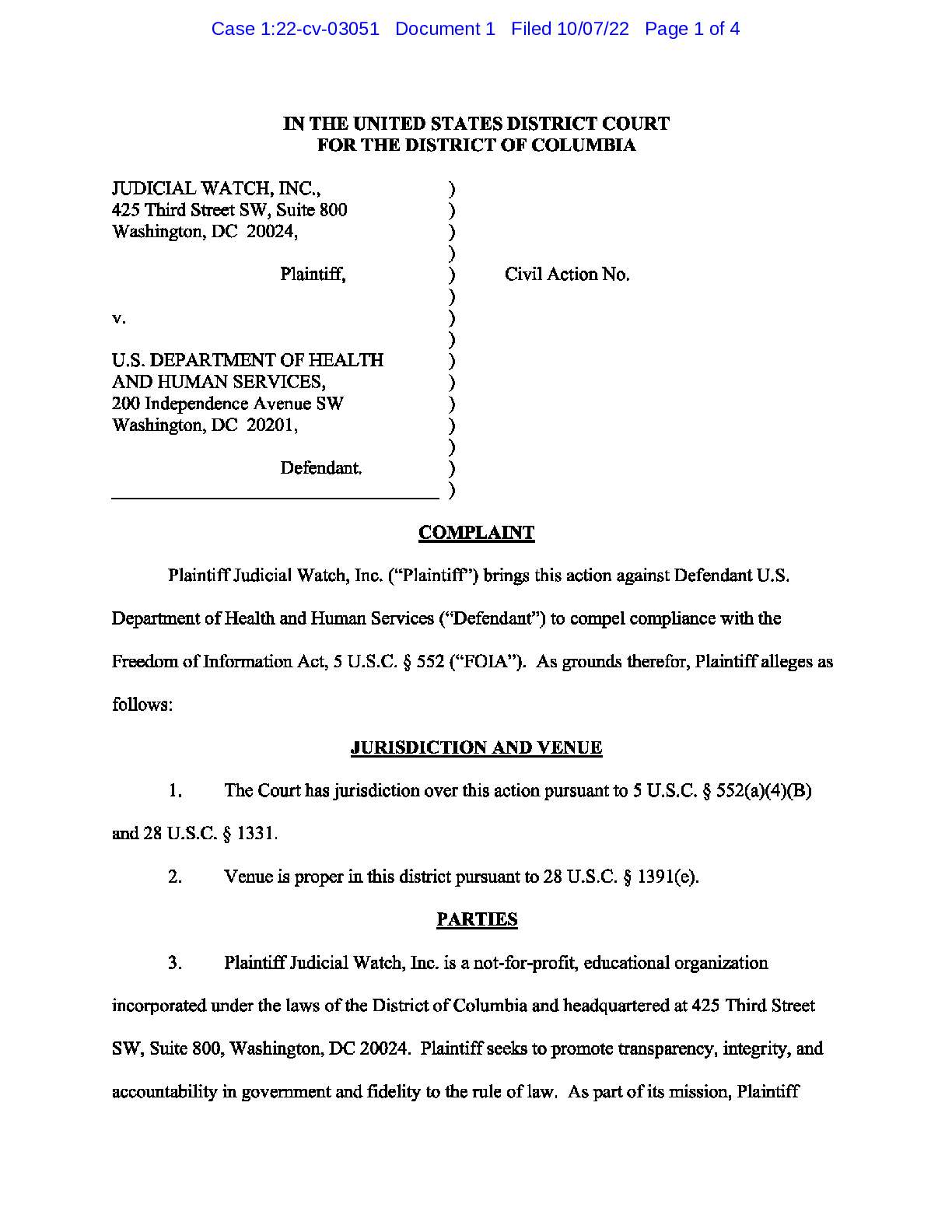 JW v HHS  Fetal Tissue complaint 03051