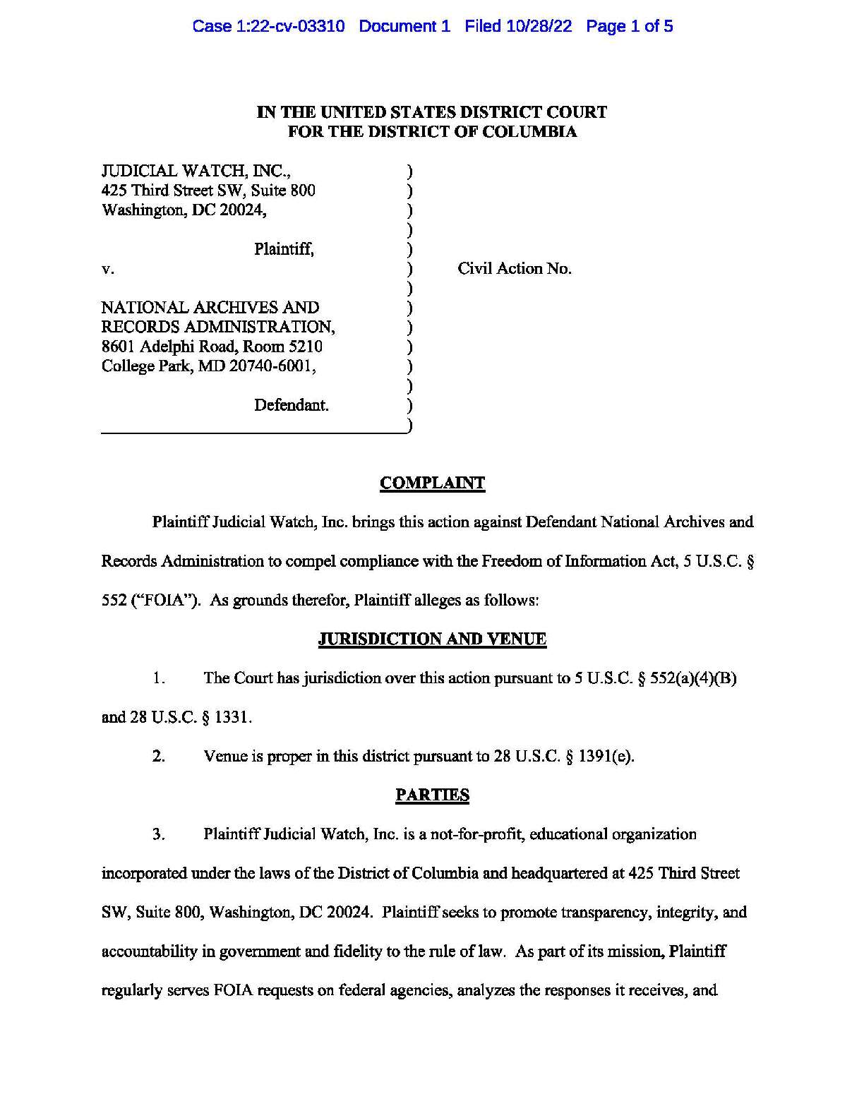 JW v NARA Obama Library complaint 03310