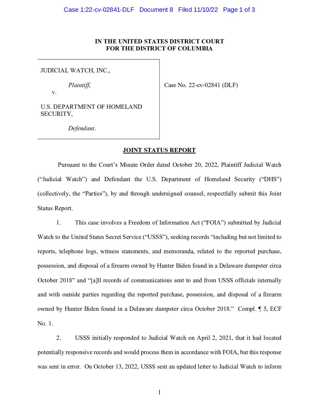 JW v DOJ Hunter Biden Gun joint status 02841