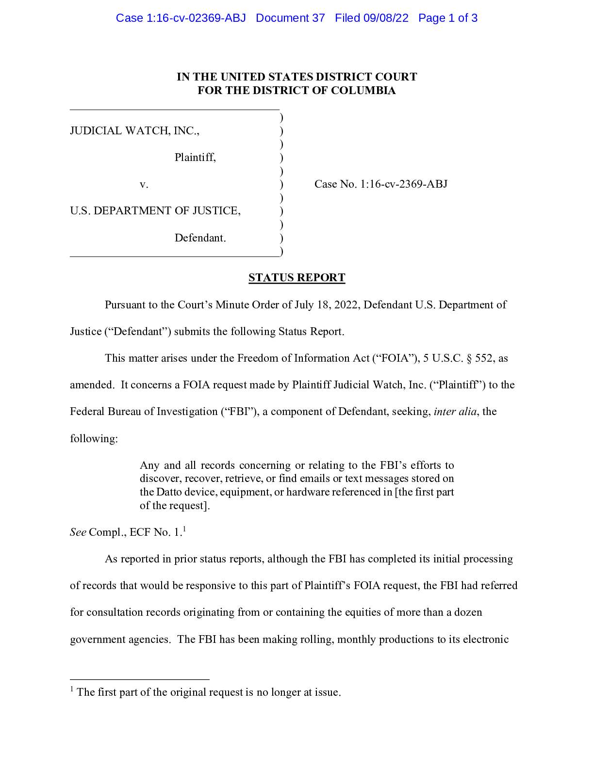 JW v DOJ DATTO Clinton Email order 02369
