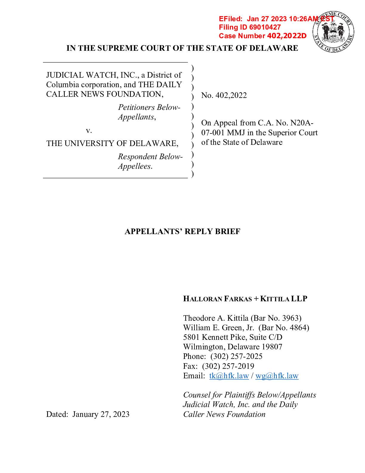 JW v U Del Biden Papers Supreme Ct DE reply 402,2022 001