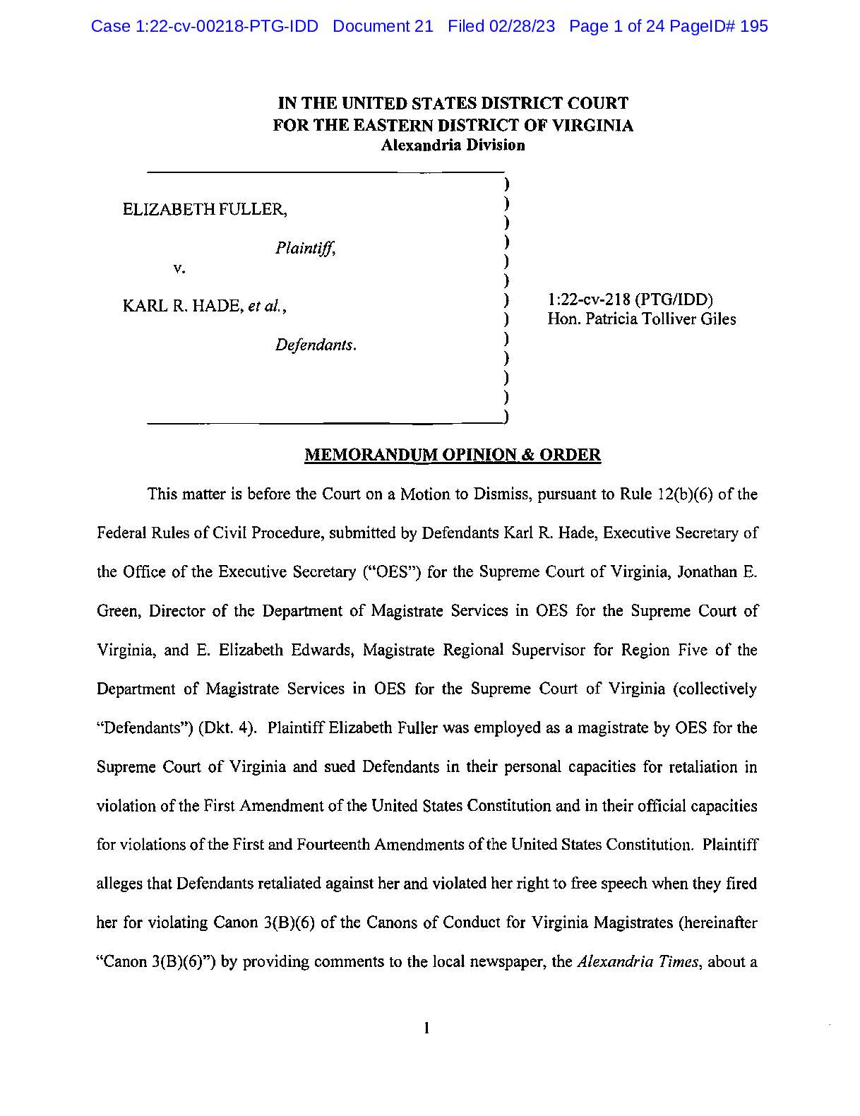 Fuller v. Hade Order 00218