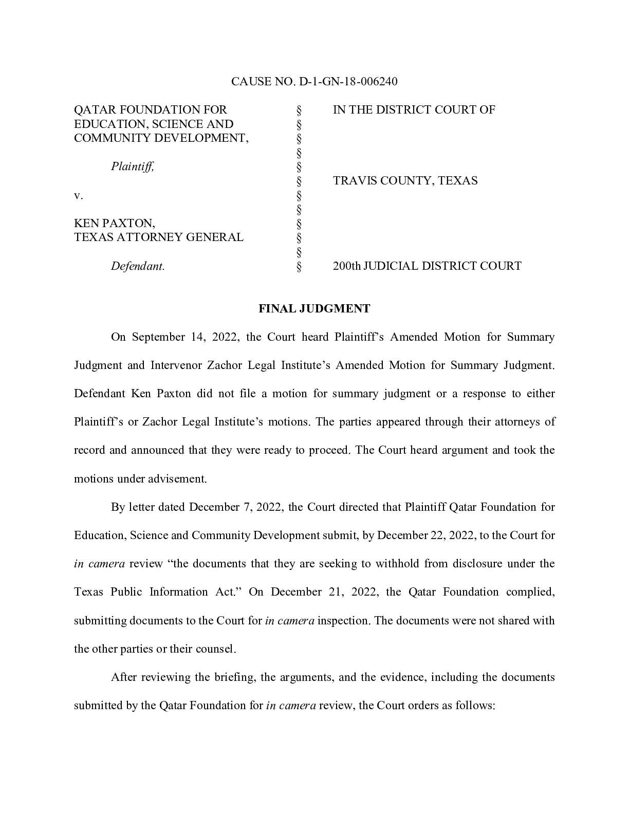 Qatar Foundation v Paxton motion rulings 006240