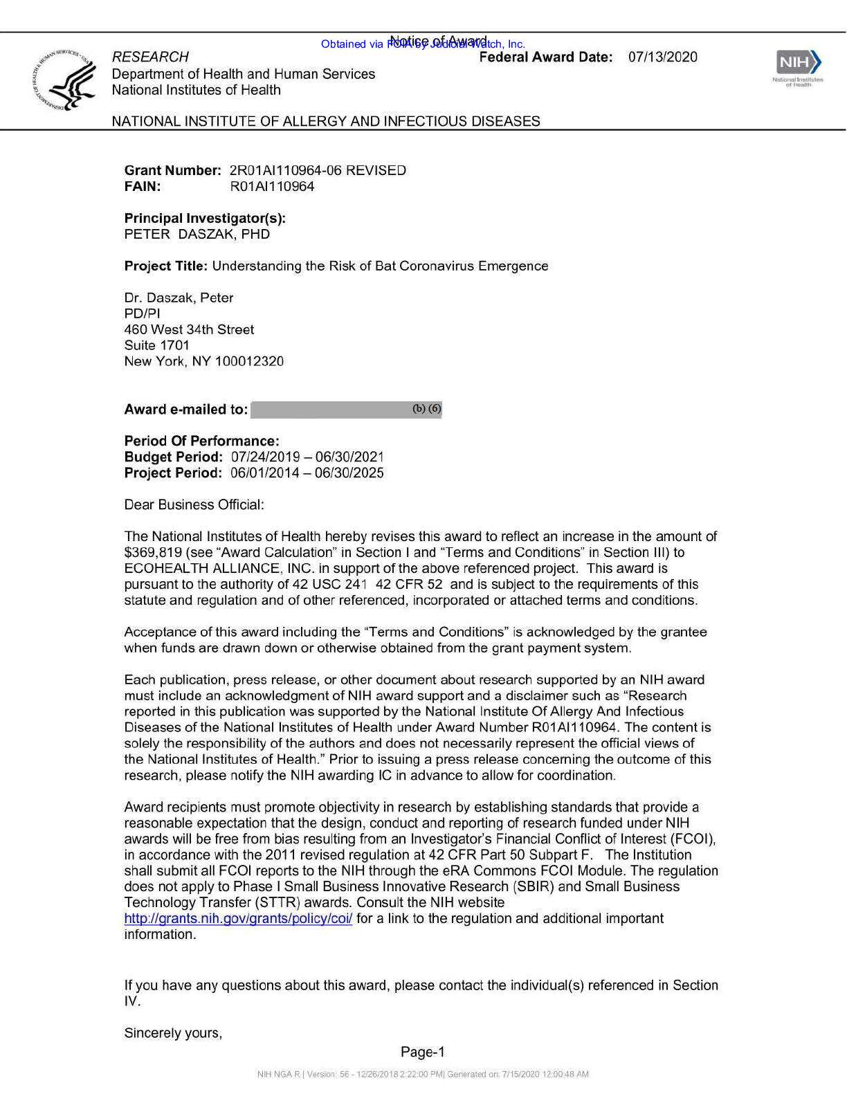NIH EcoHealth Grant FOIA April 2023 pgs 319-530