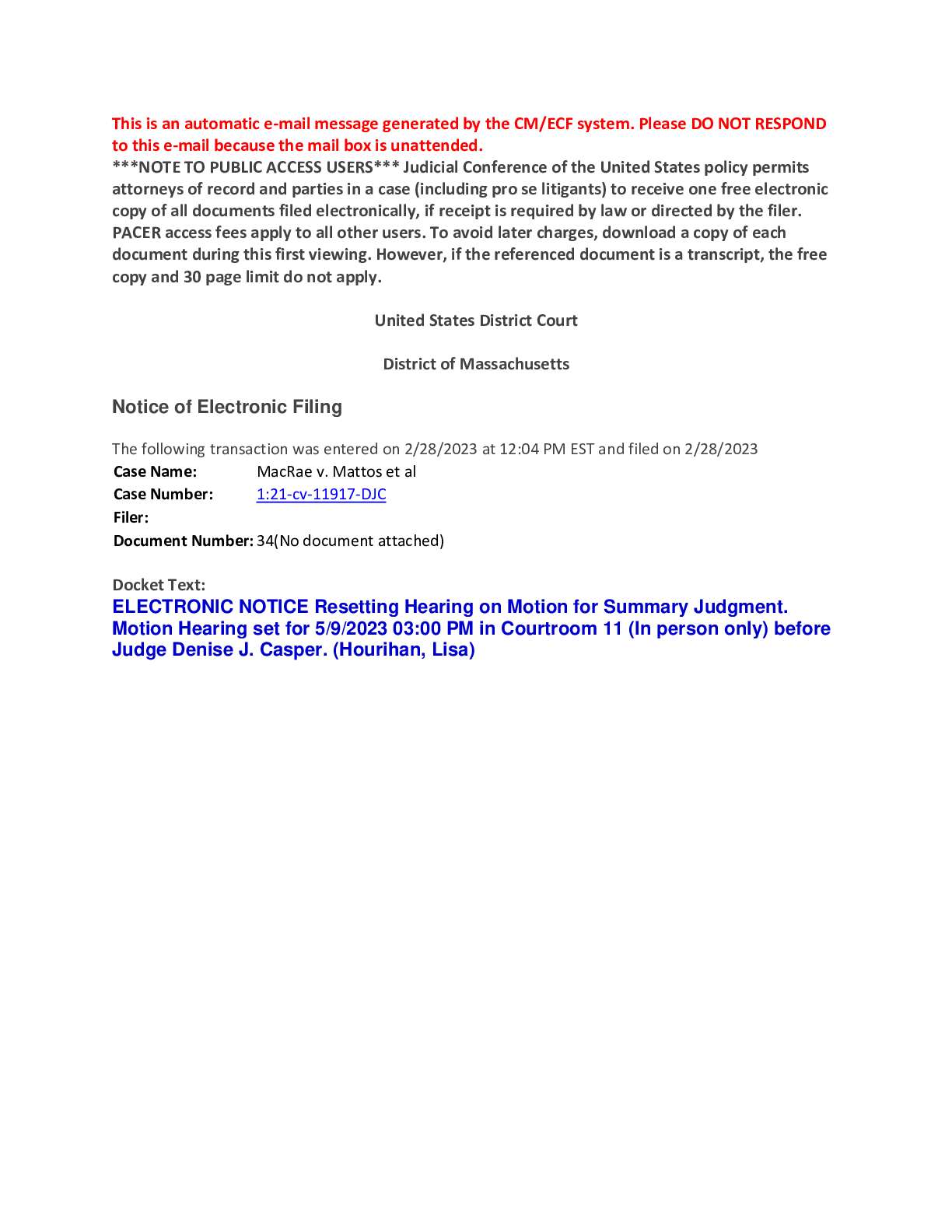 MacRae v. Mattos Hearing Order 11917