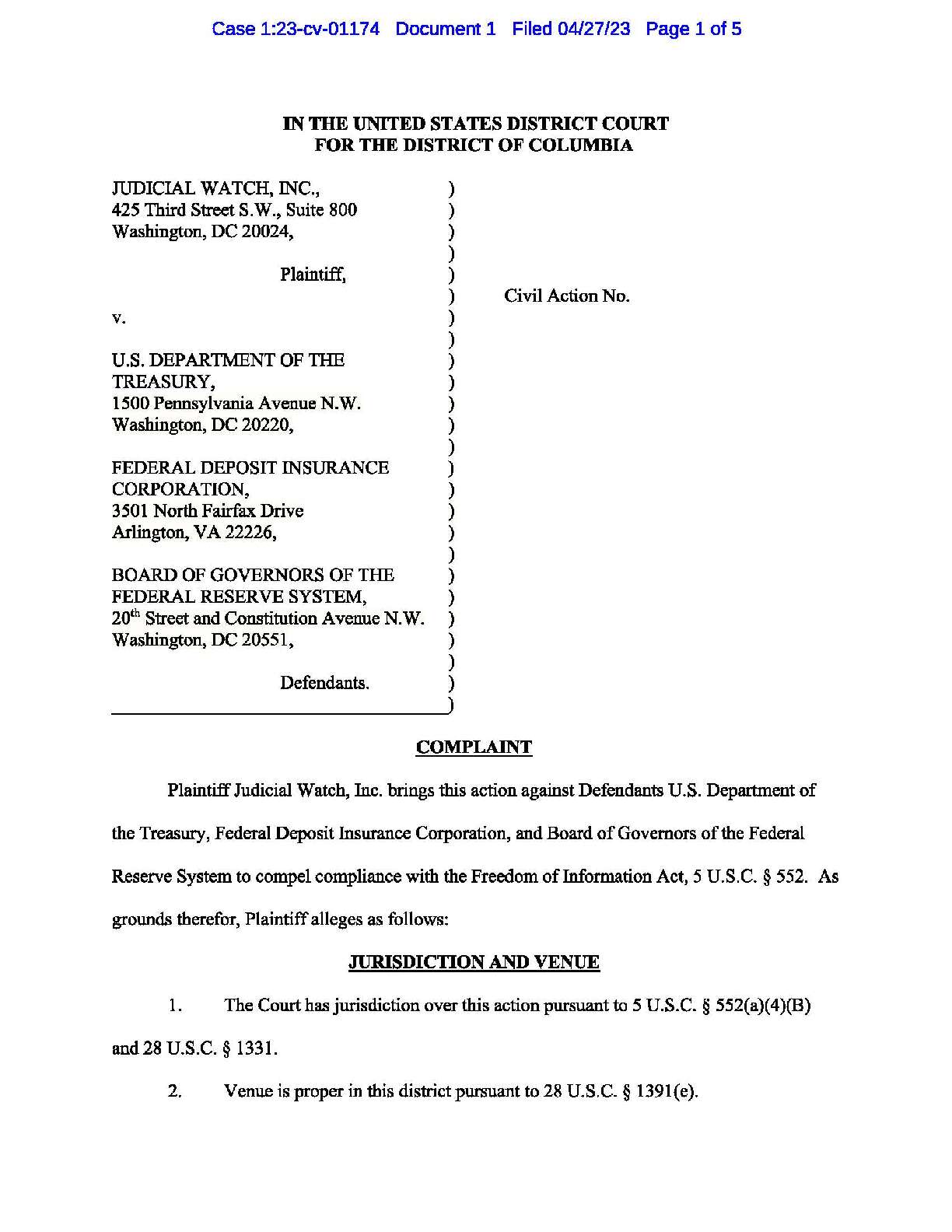 JW v Treasury FDIC Complaint 01174