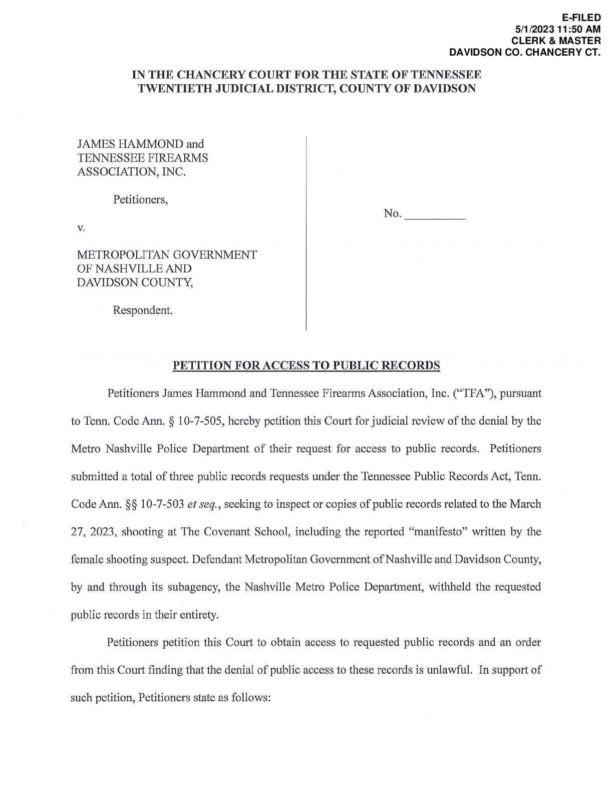 Hammond v Nashville Petition for Records 23-0542-I...