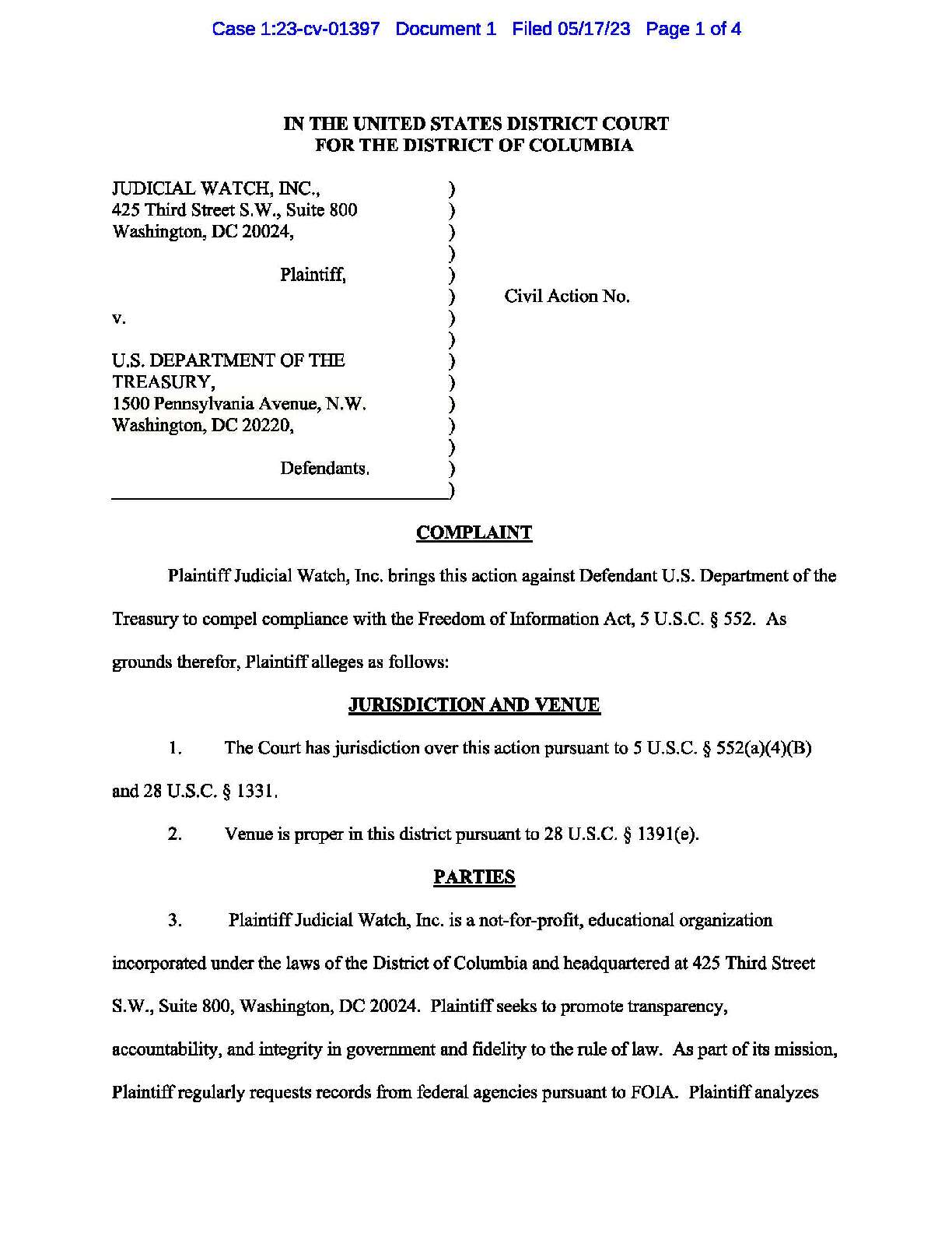 JW v. Treasury Silicon Valley Bank complaint 01397