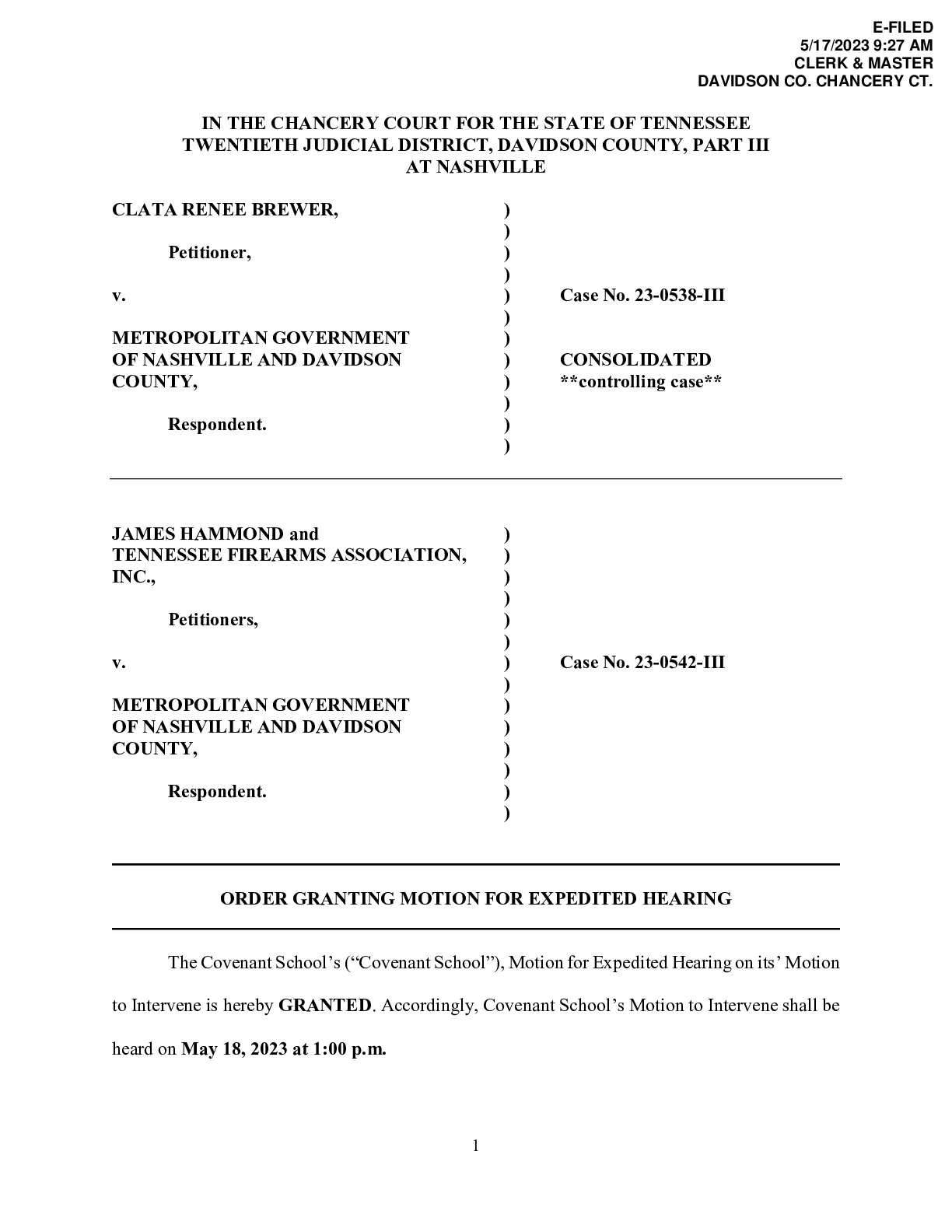 Brewer Hammond v Nashville hearing orders 0542 053...