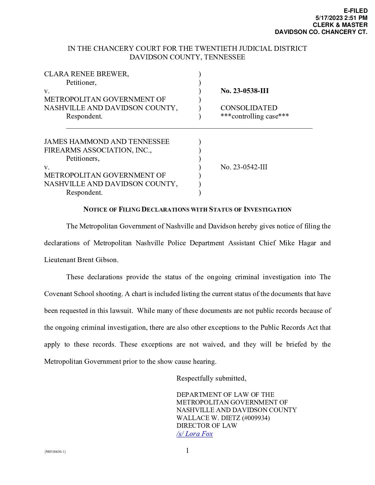 Brewer Hammond v Nashville Police Declarations 054...