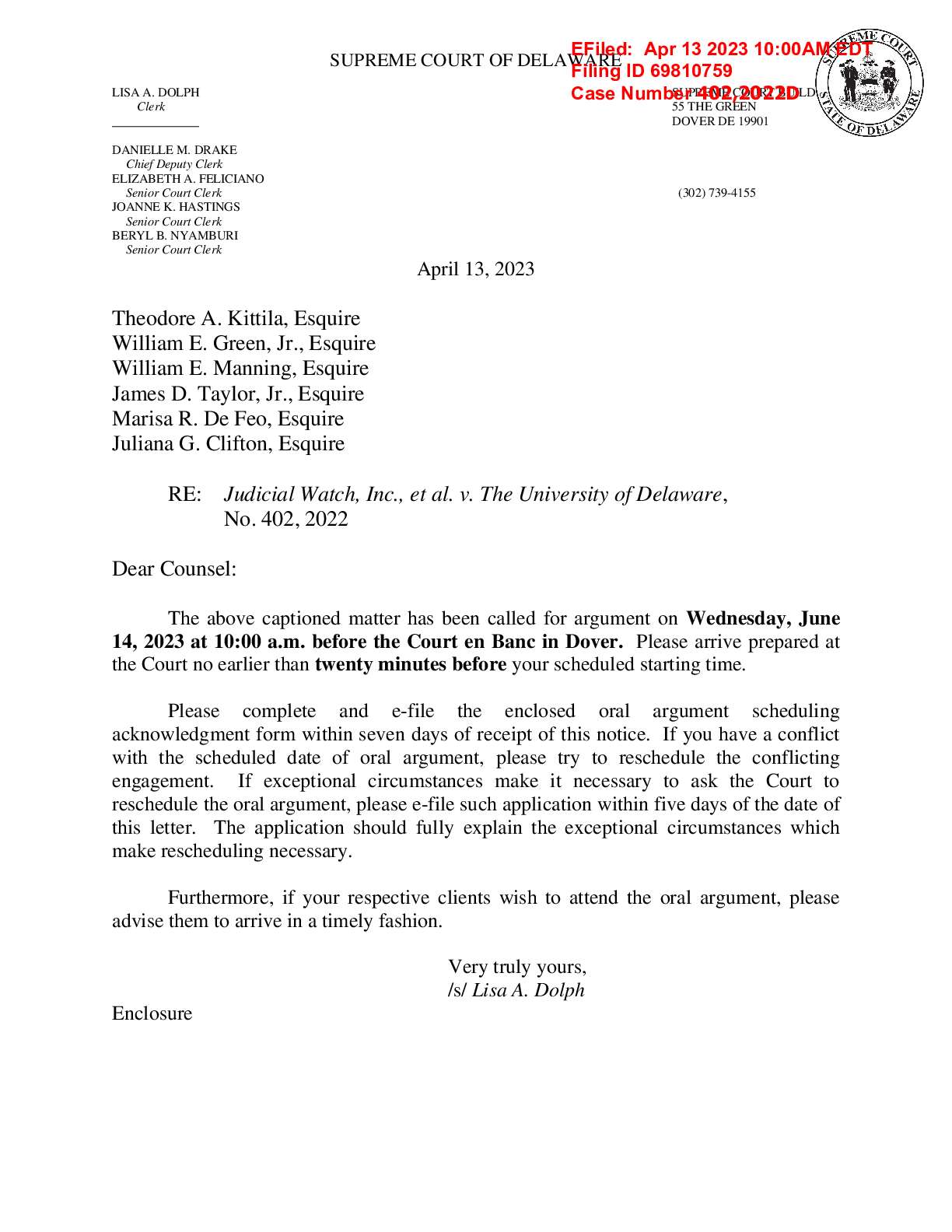 JW v U Del Supreme Court Hearing order 001 402