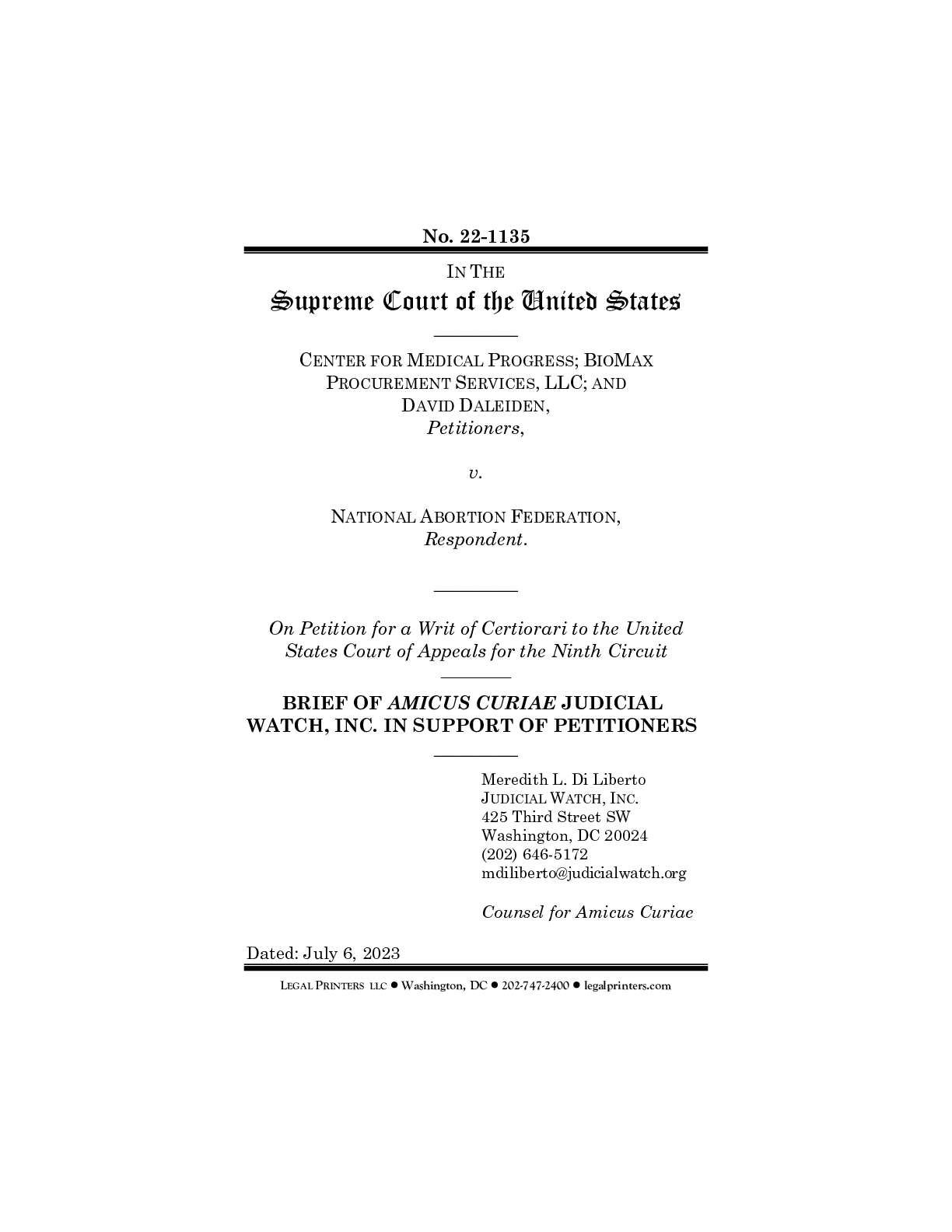 Center for Medical Progress et al. v. National Abortion Federation amici 22-1135