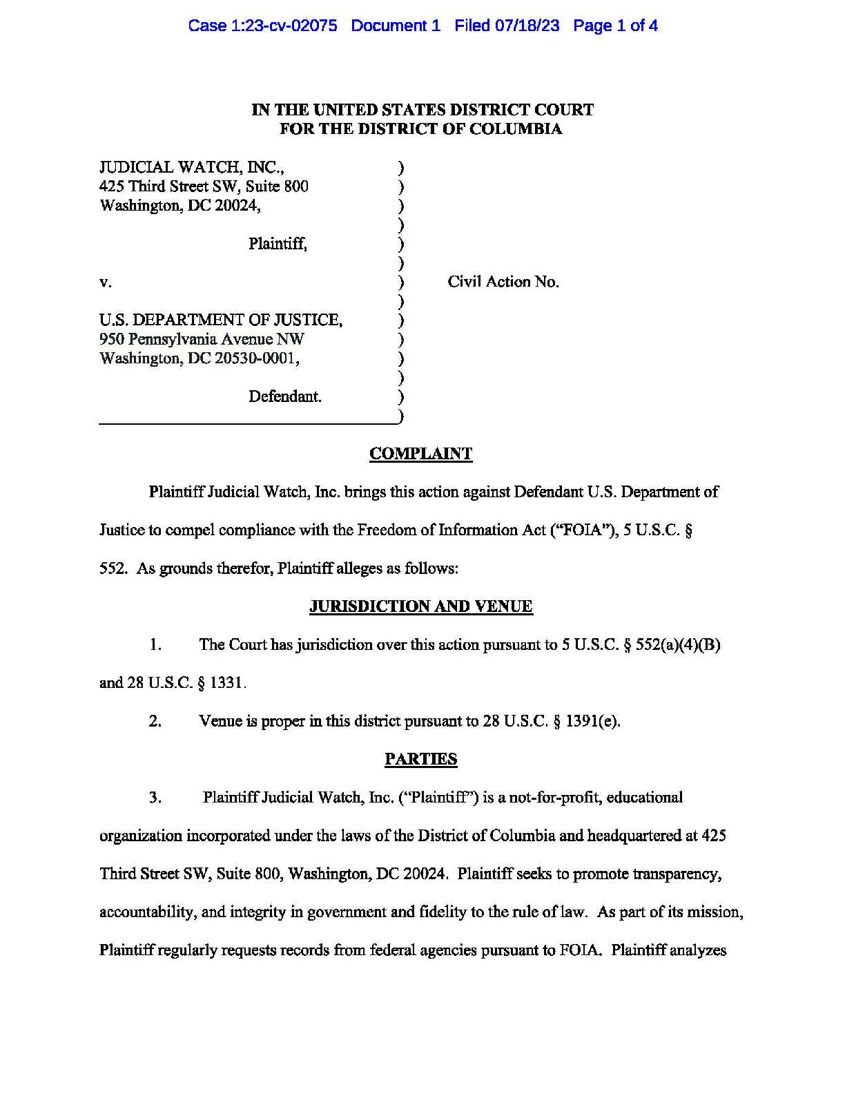 JW v. DOJ IRS Hunter Biden complaint 02075