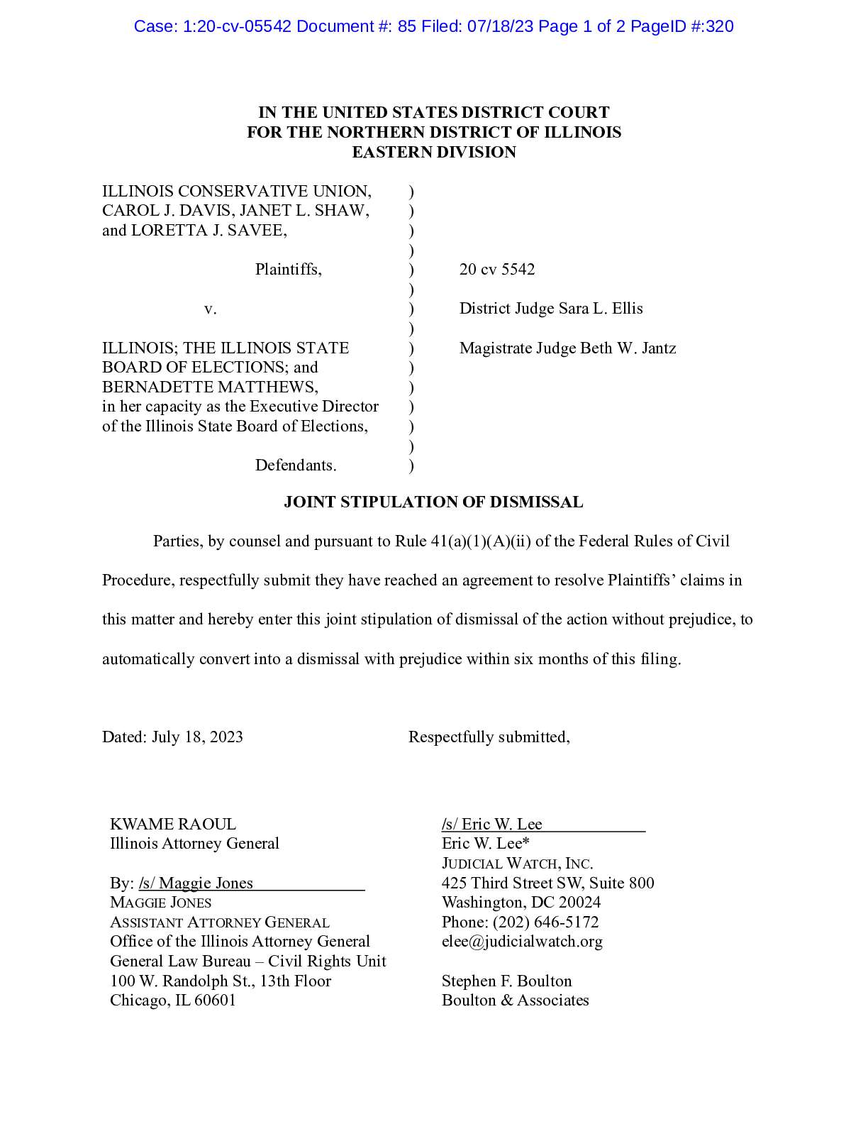 Illinois Conservative Union et al. v Illinois et al. Settlement 05542